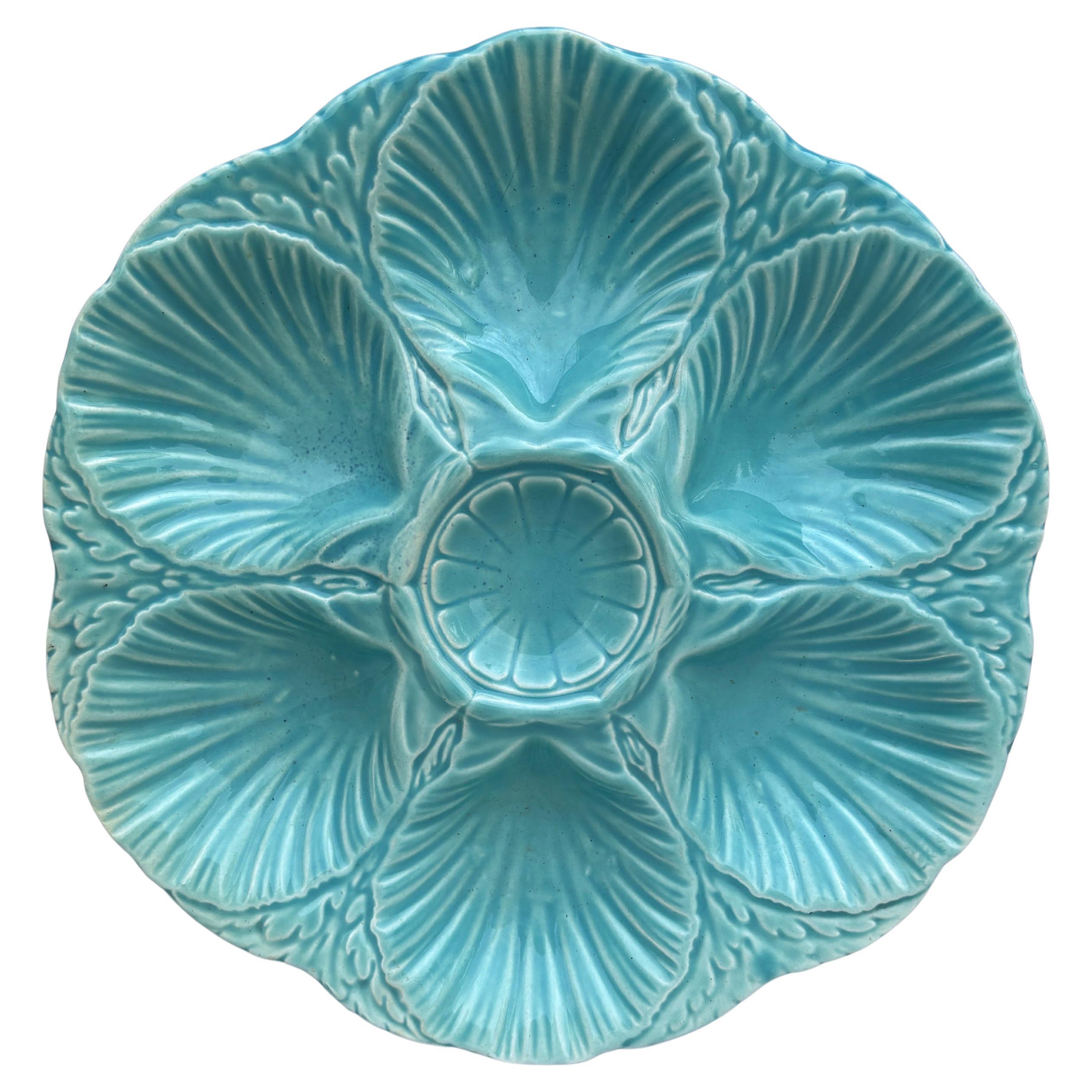 Belgian 19th Century Majolica Blue & White Oyster Plate Wasmuel For Sale
