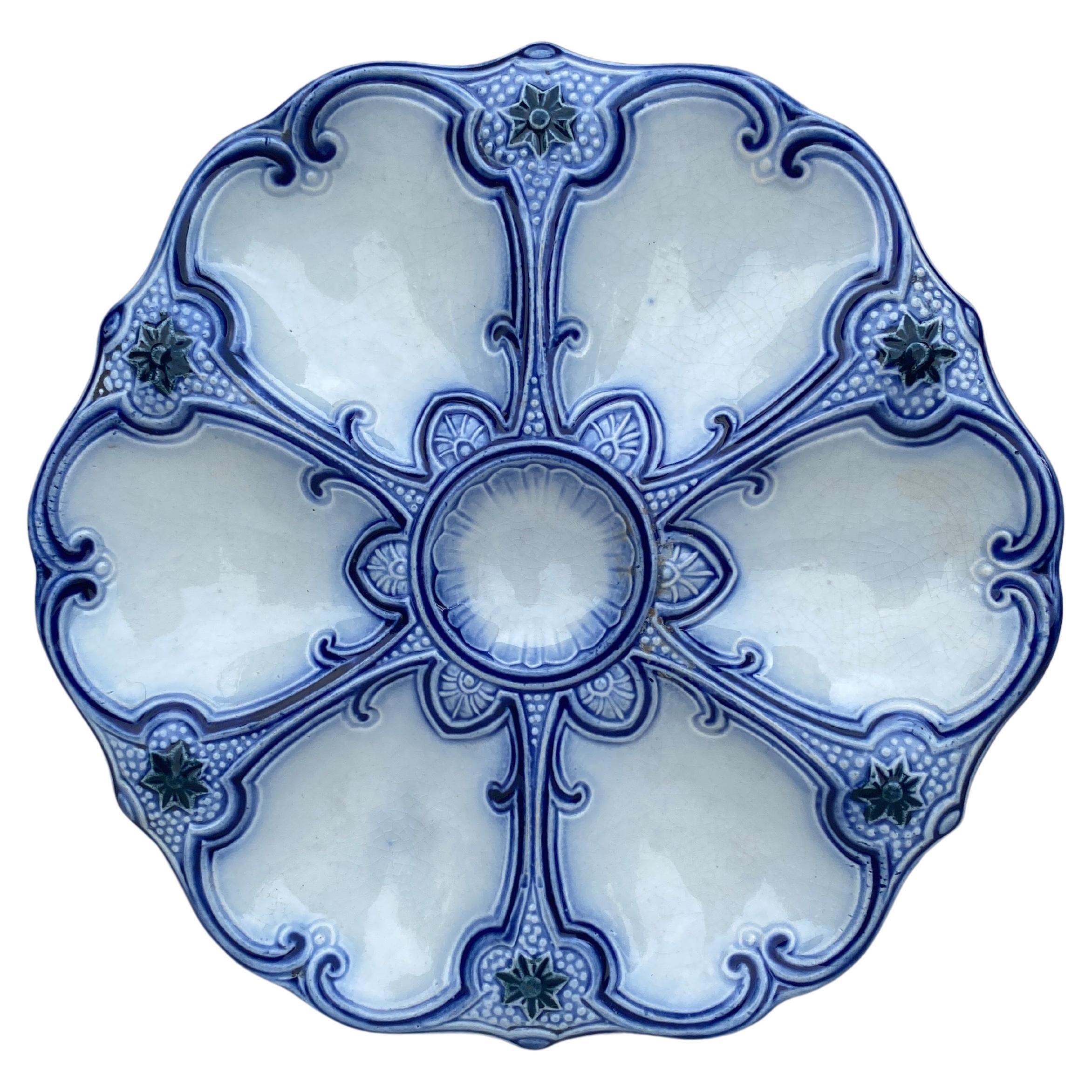 19th Century Majolica Blue & White Oyster Plate Wasmuel For Sale