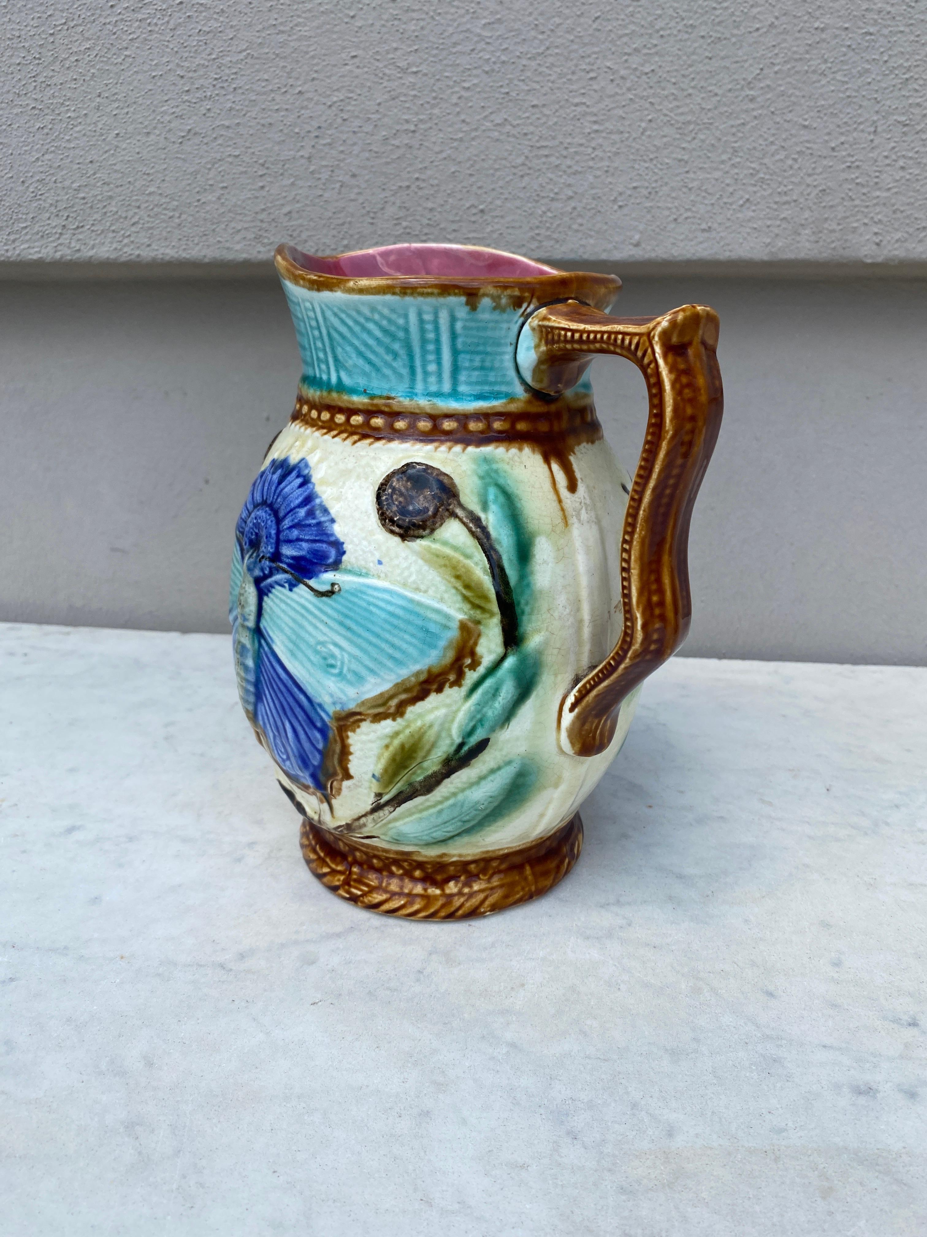 Rustic 19th Century Majolica Butterfly Pitcher Wasmuel