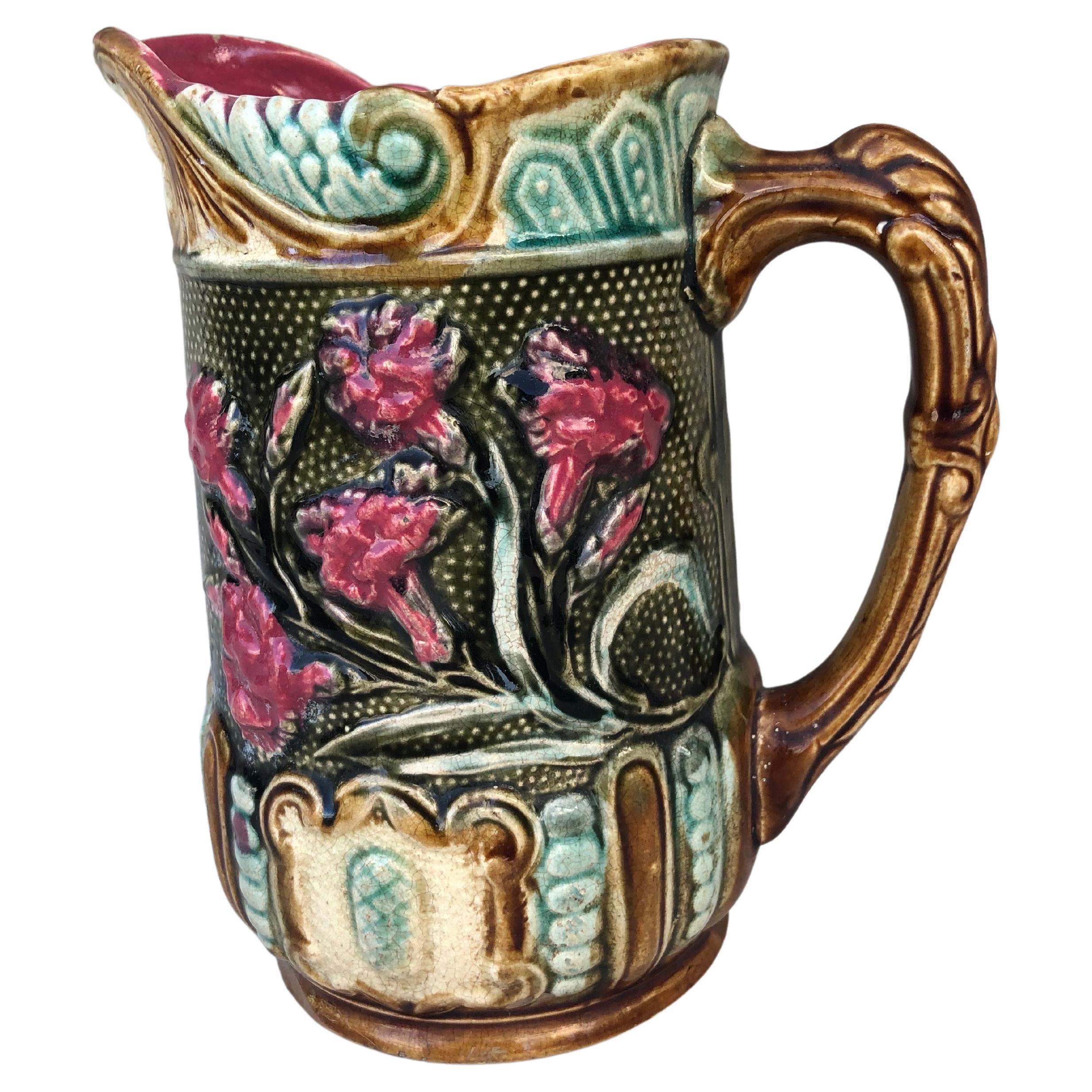 19th Century Majolica carnation pitcher signed Onnaing.