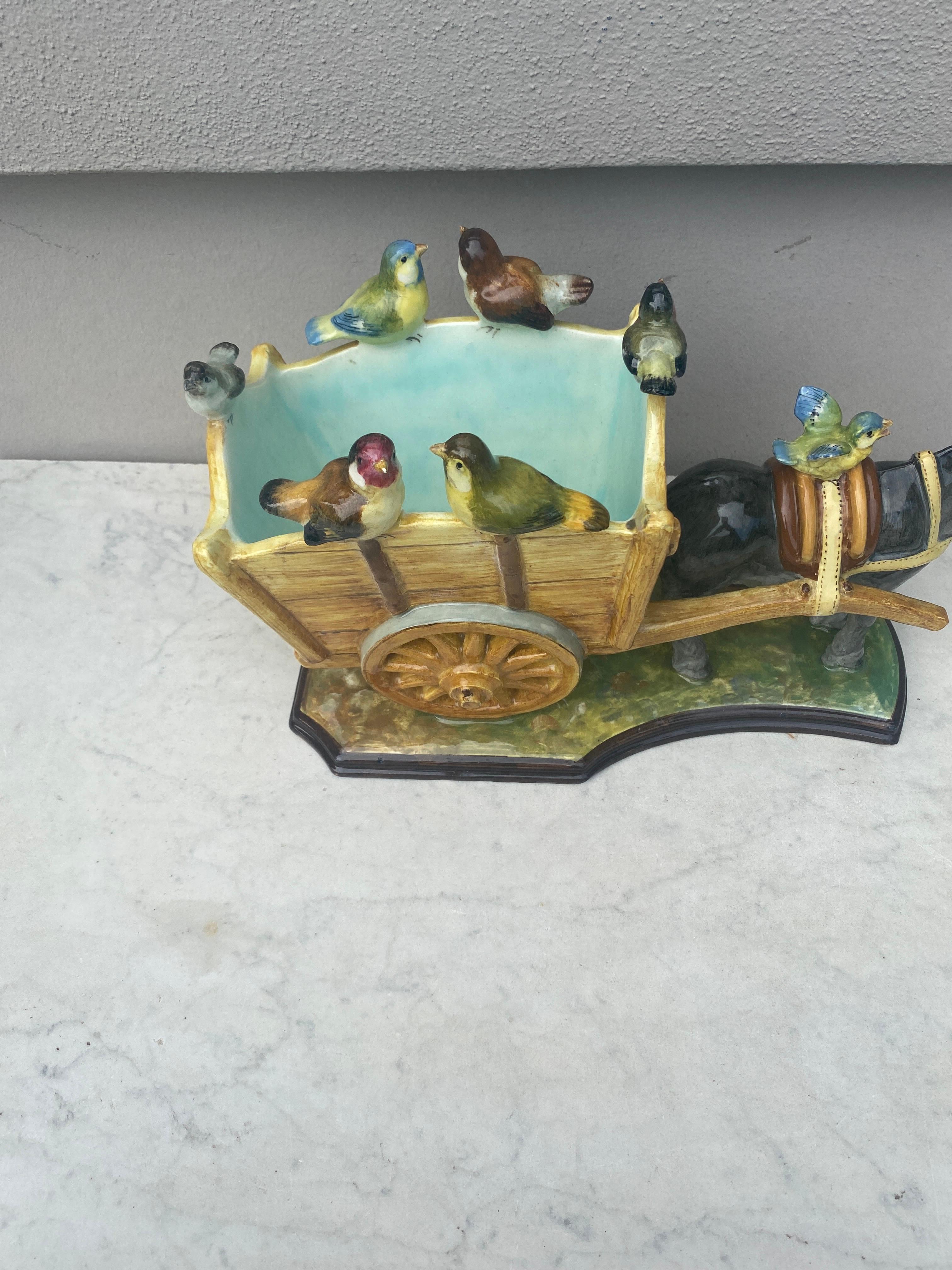 Country 19th Century Majolica Cart with Donkey & Birds Delphin Massier For Sale
