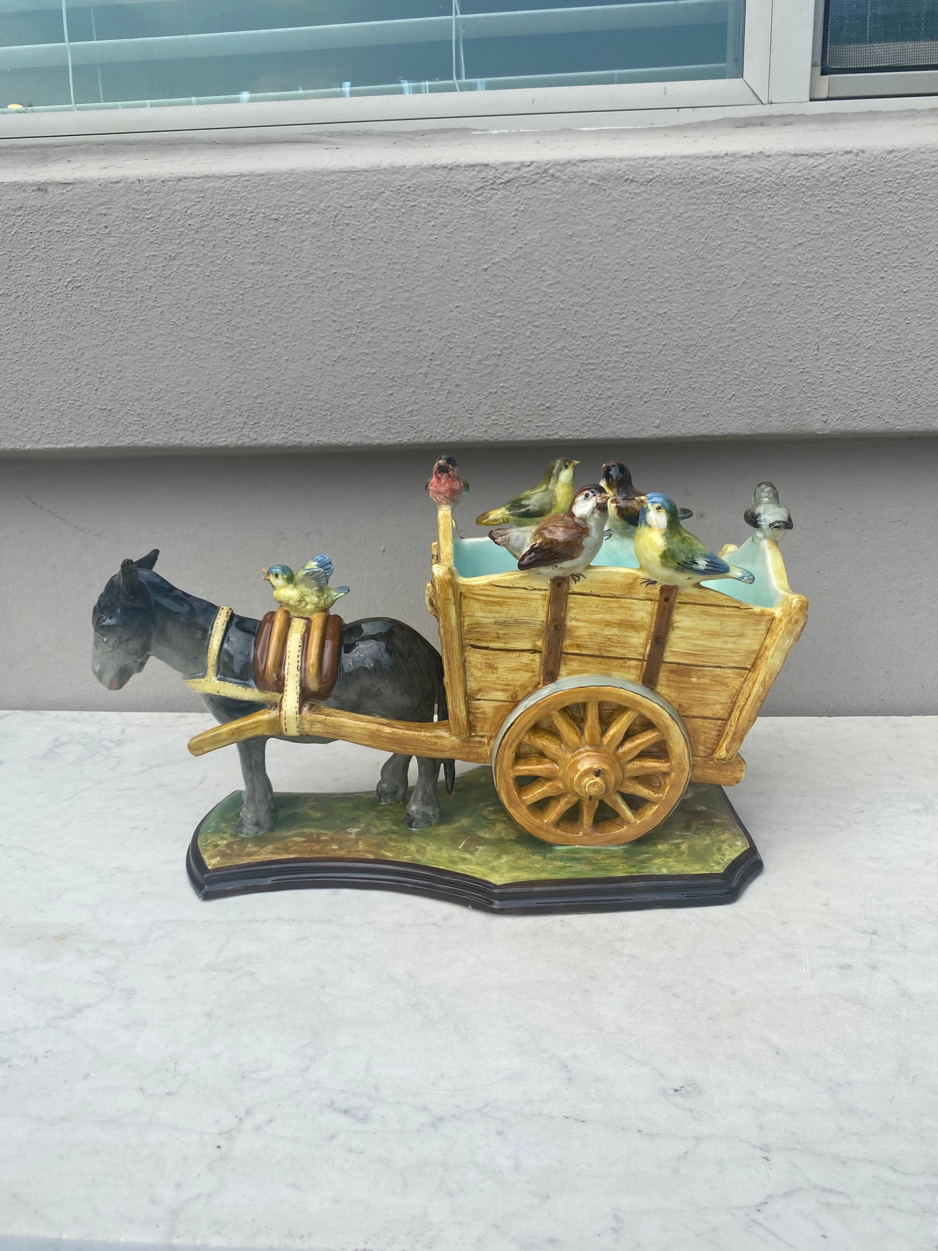 19th Century Majolica Cart with Donkey & Birds Delphin Massier In Good Condition For Sale In Austin, TX
