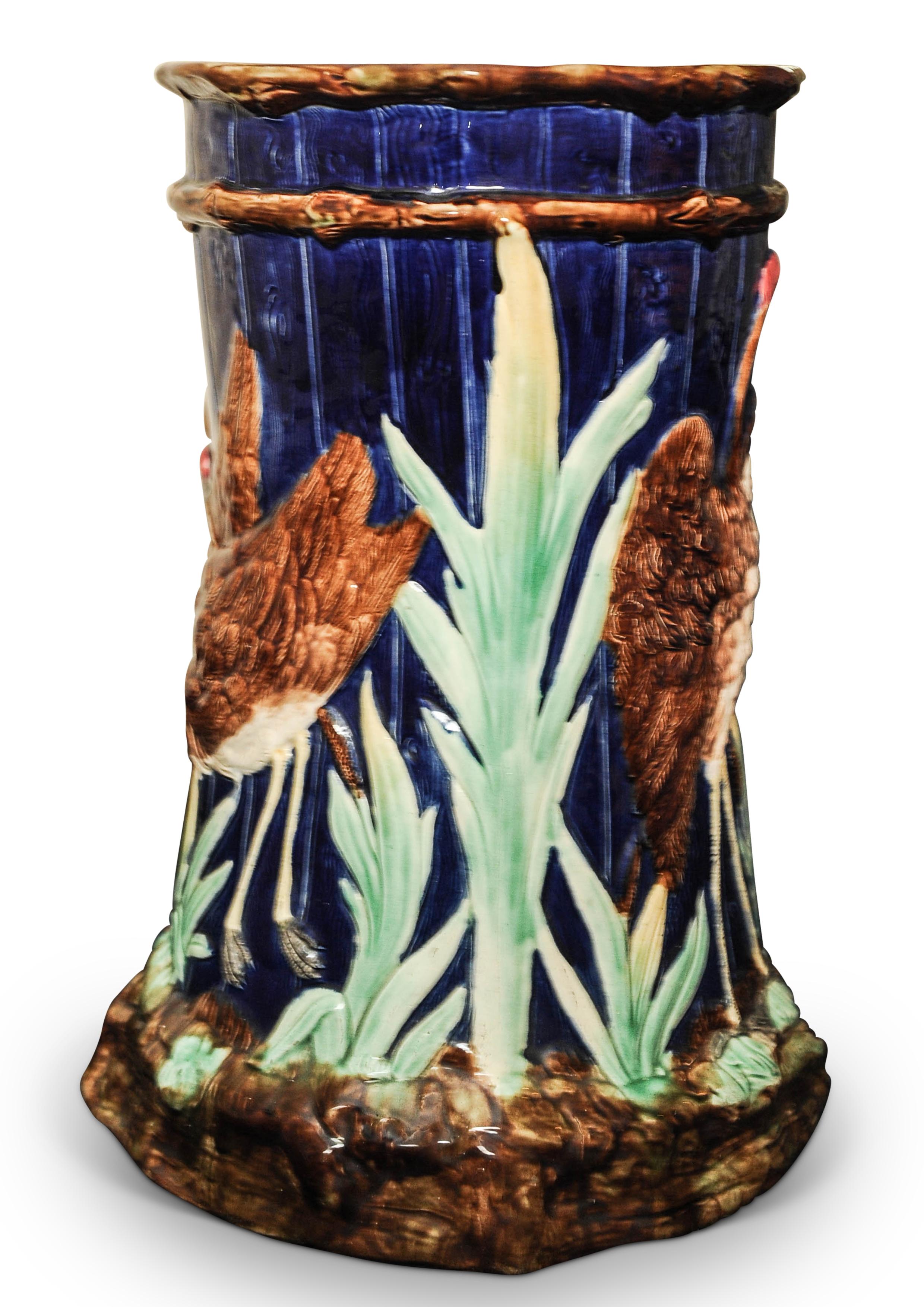 Arts and Crafts Victorian Majolica Ceramic Garden Stool With Numidian Cranes, by Thomas Forester For Sale