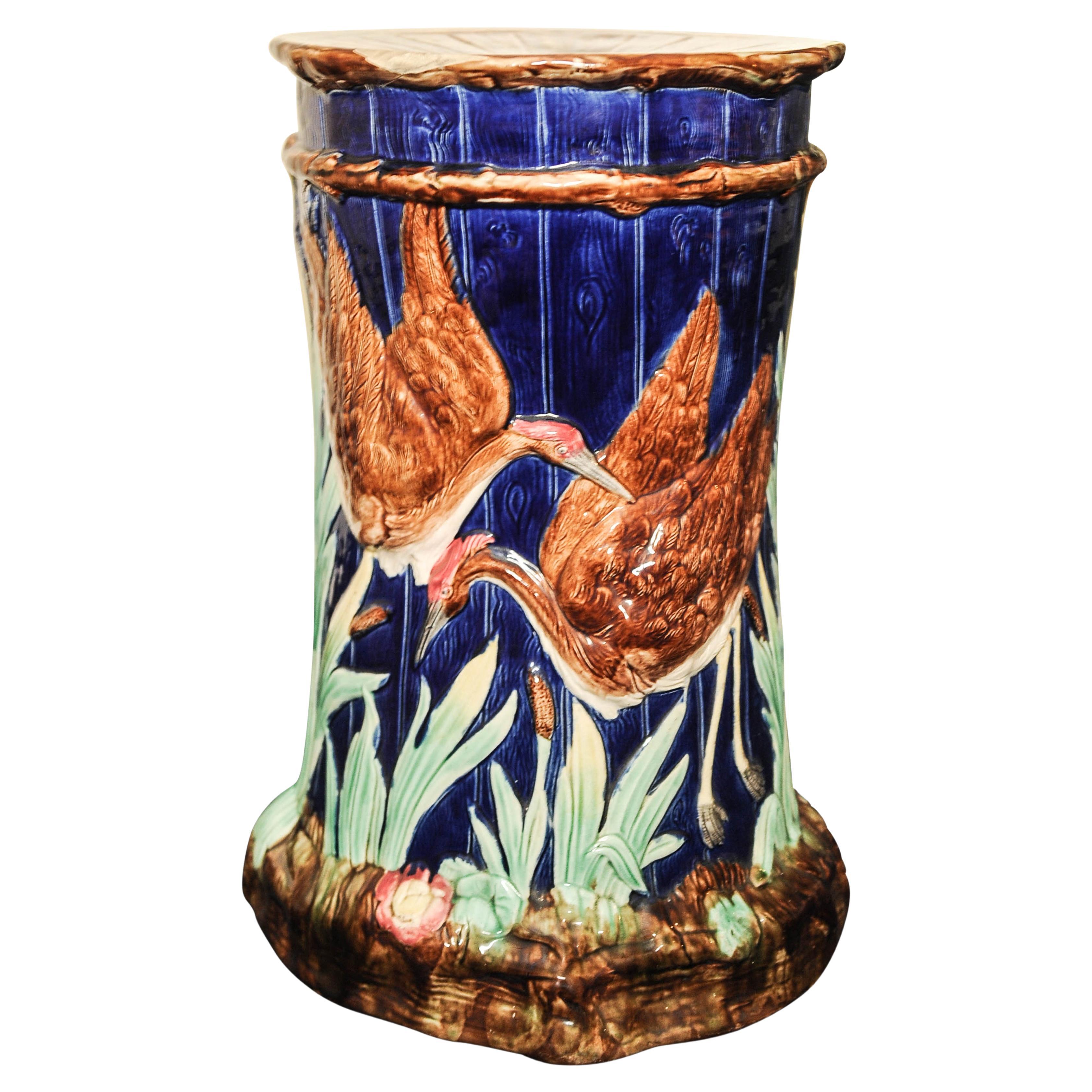 Victorian Majolica Ceramic Garden Stool With Numidian Cranes, by Thomas Forester For Sale