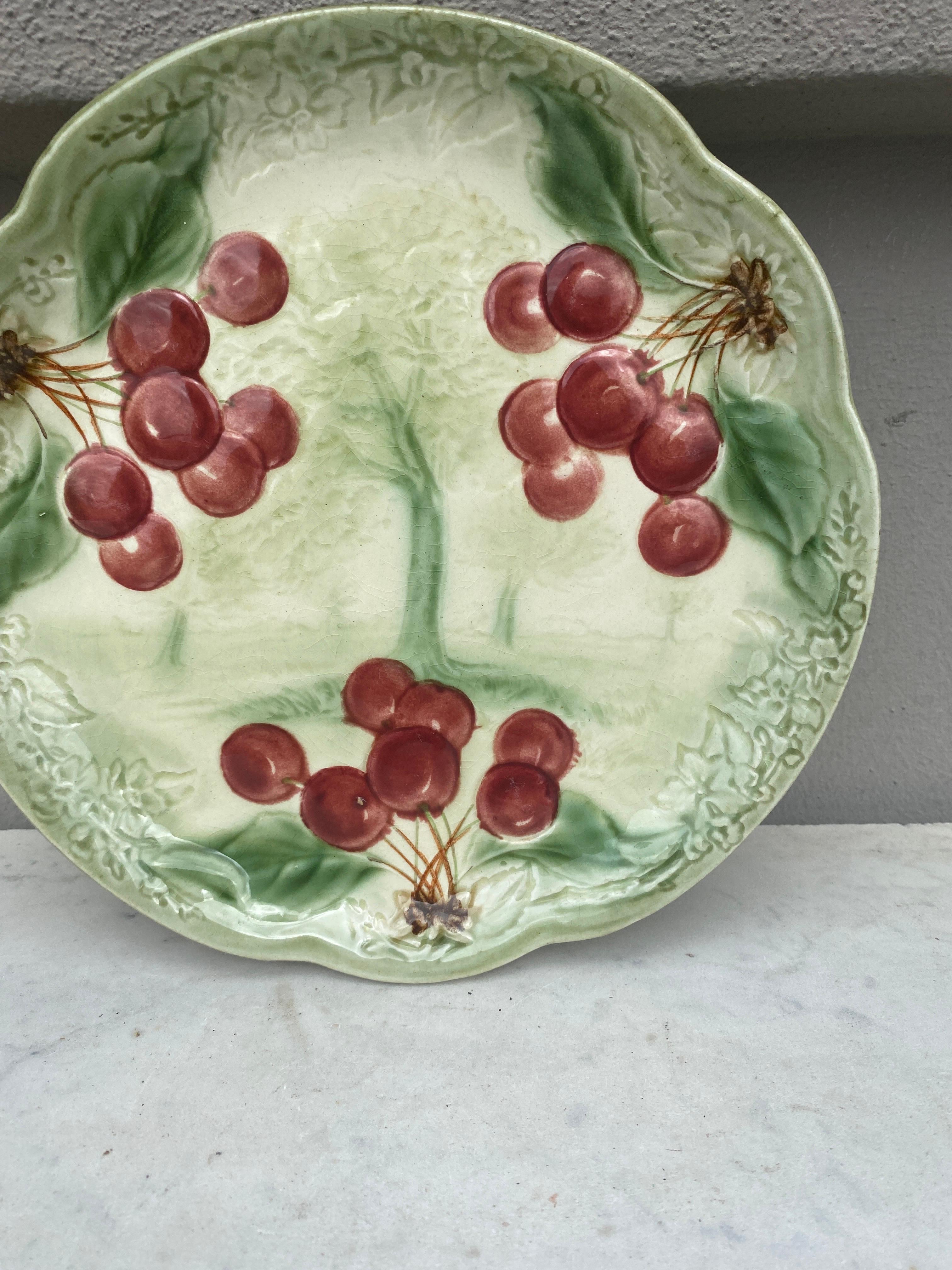 Rustic 19th Century Majolica Cherries Plate Choisy Le Roi For Sale