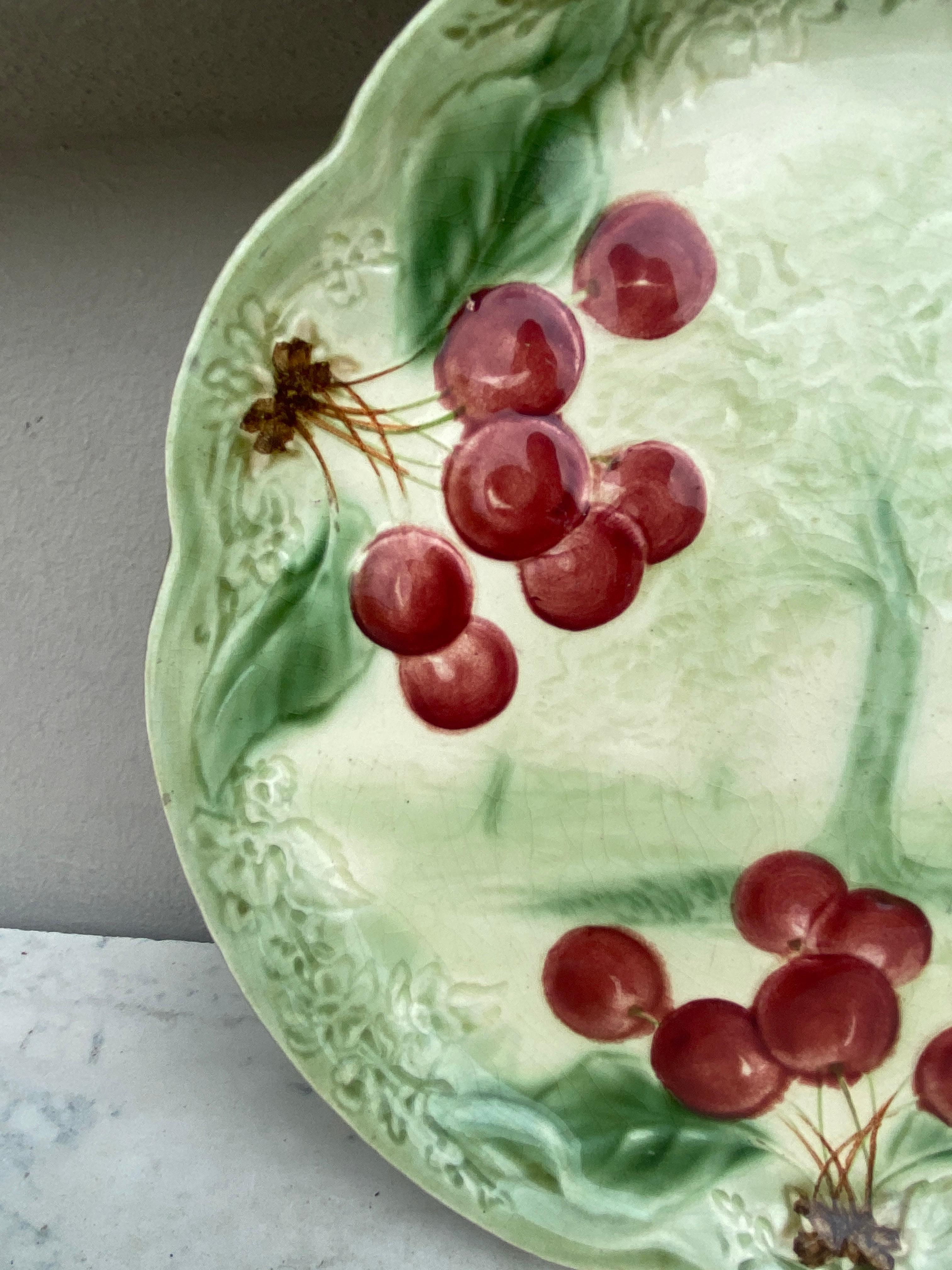 Rustic 19th Century Majolica Cherries Plate Choisy Le Roi For Sale
