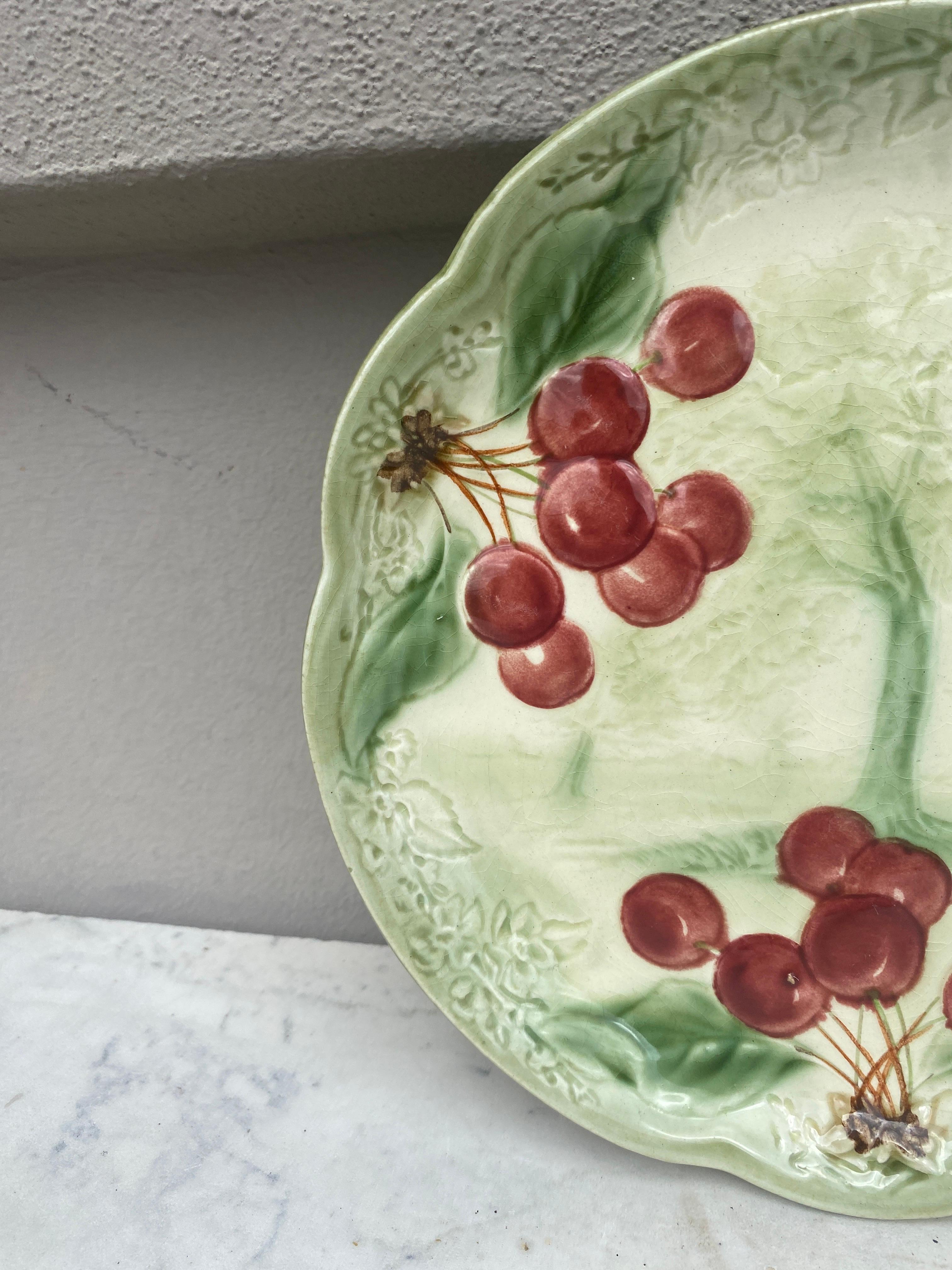 French 19th Century Majolica Cherries Plate Choisy Le Roi For Sale