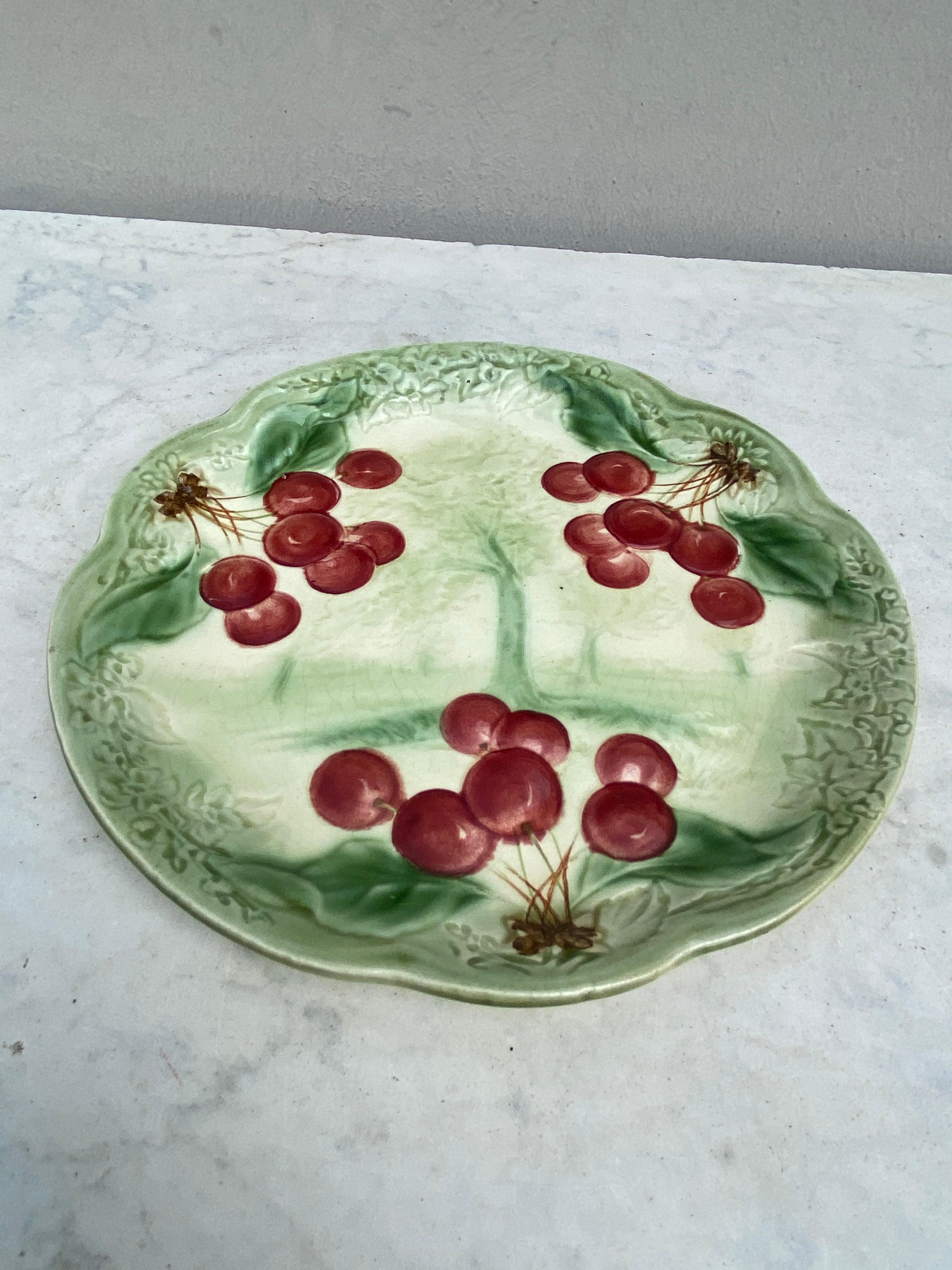 French 19th Century Majolica Cherries Plate Choisy Le Roi For Sale