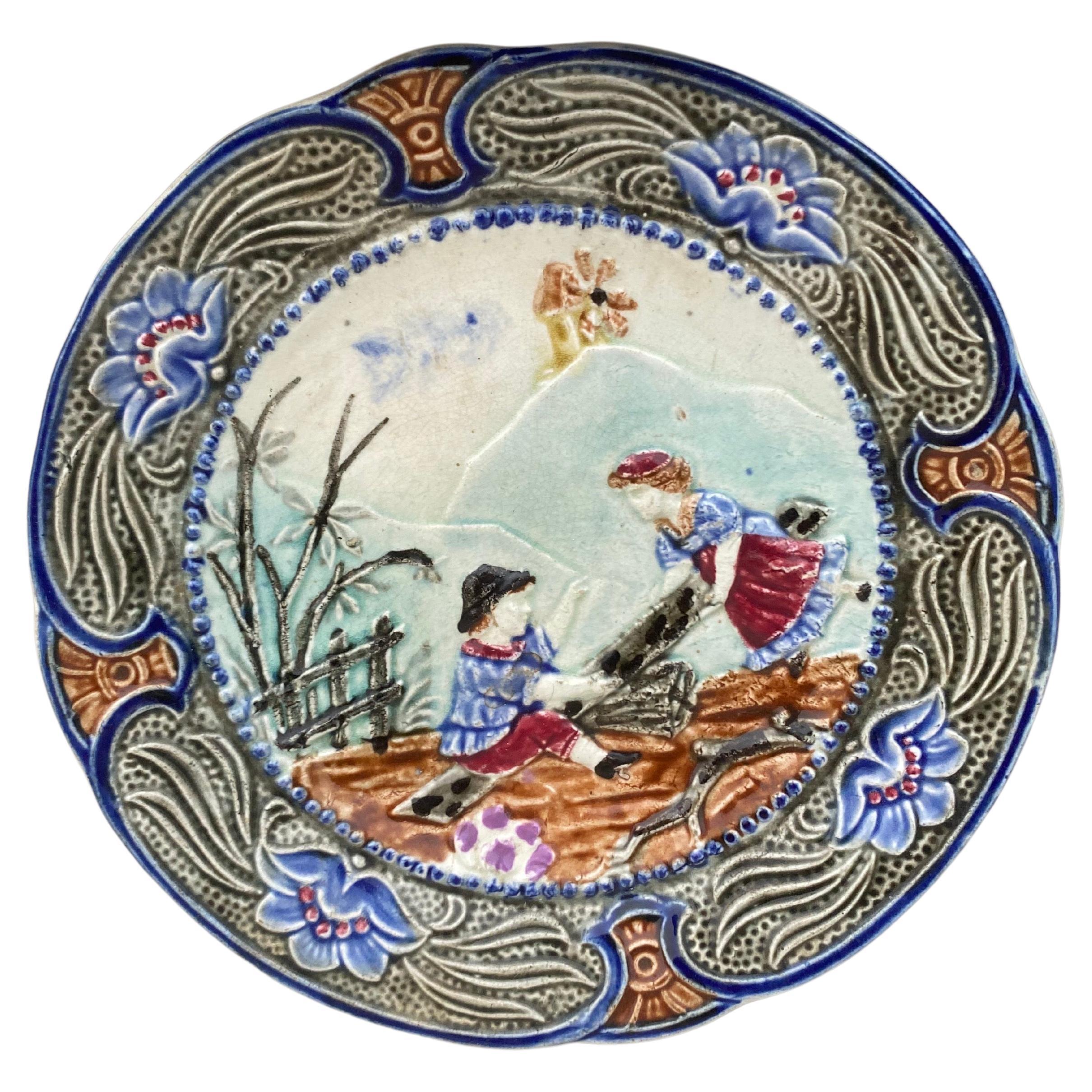 19th Century, Majolica Childrens Plate Wasmuel For Sale