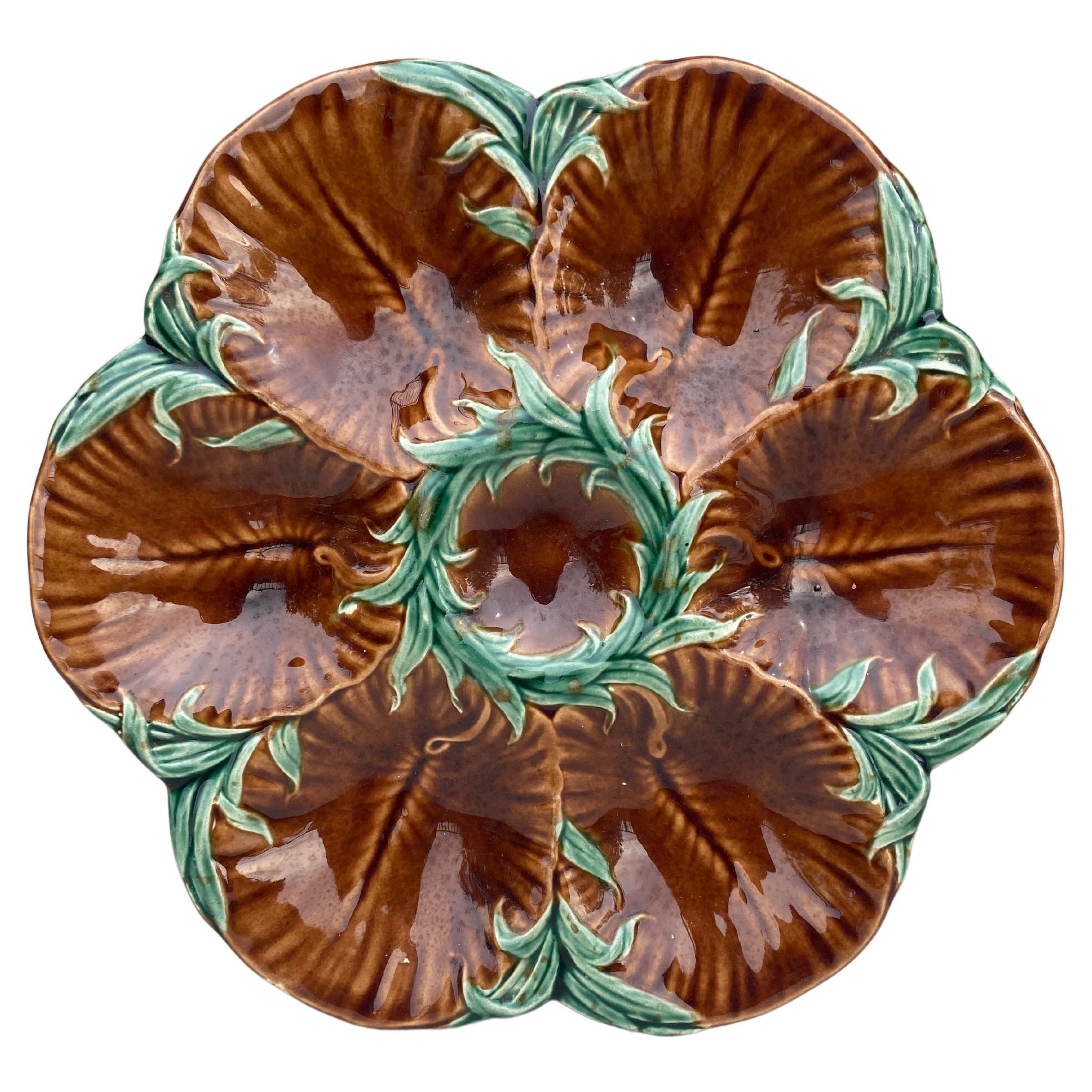 19th Century Majolica Chocolate Oyster Plate Luneville For Sale