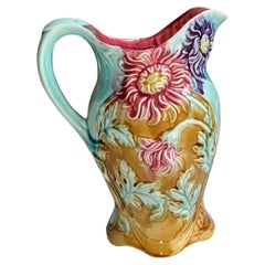 19th Century Majolica Chrysanthemum Flower Pitcher Onnaing