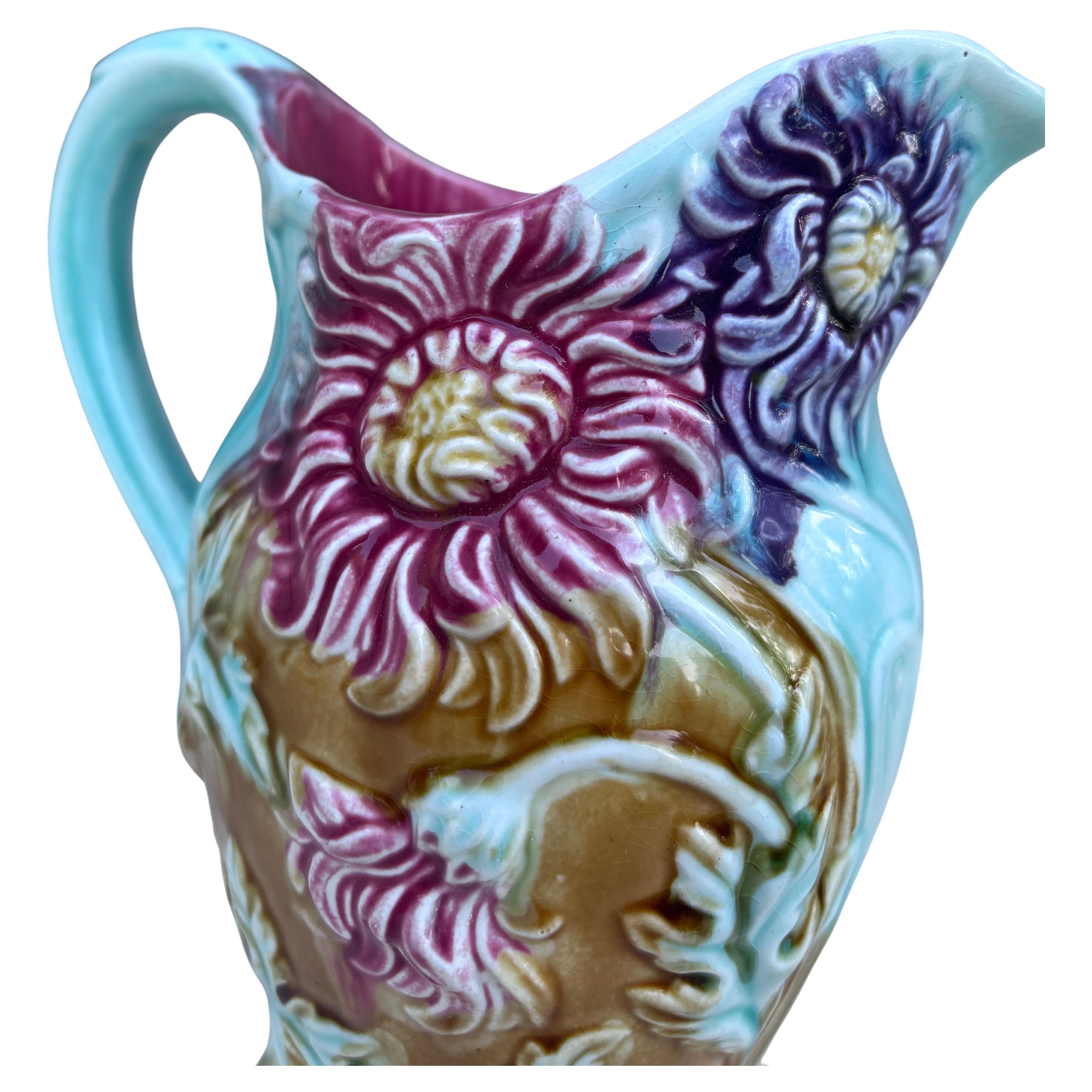 19th Century Majolica Chrysanthemum Pitcher signed Onnaing.
