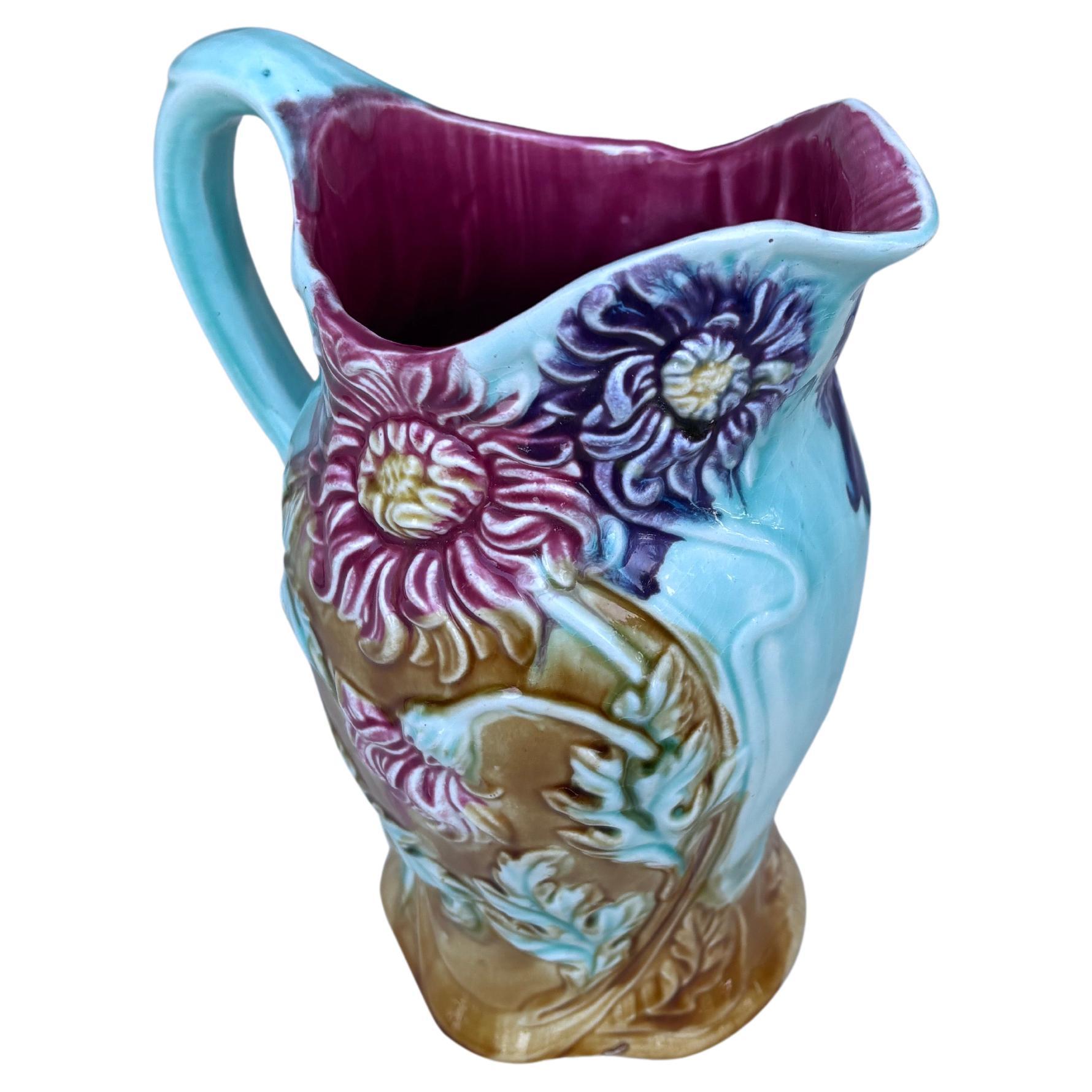 Rustic 19th Century Majolica Chrysanthemum Flower Pitcher Onnaing For Sale