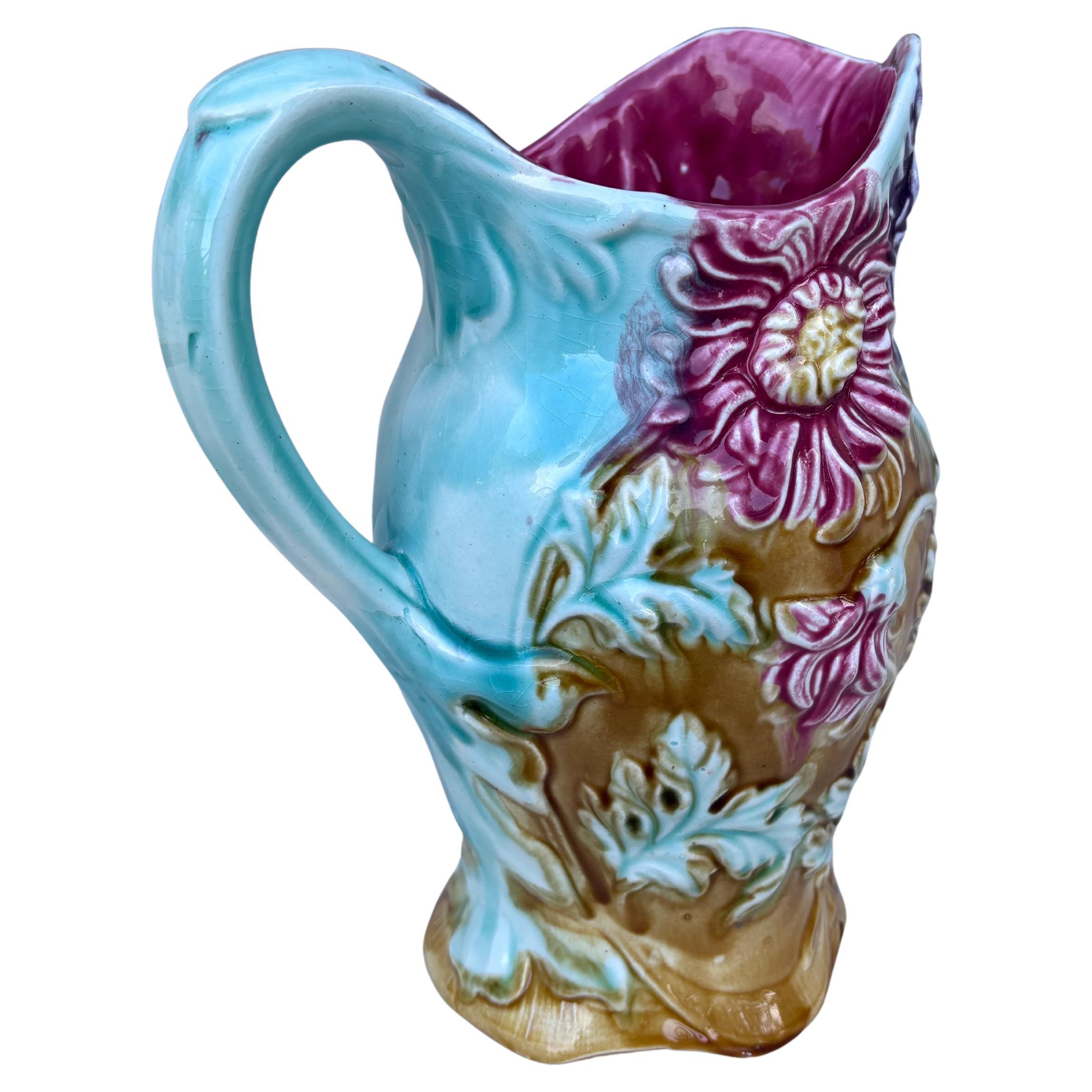 French 19th Century Majolica Chrysanthemum Flower Pitcher Onnaing For Sale