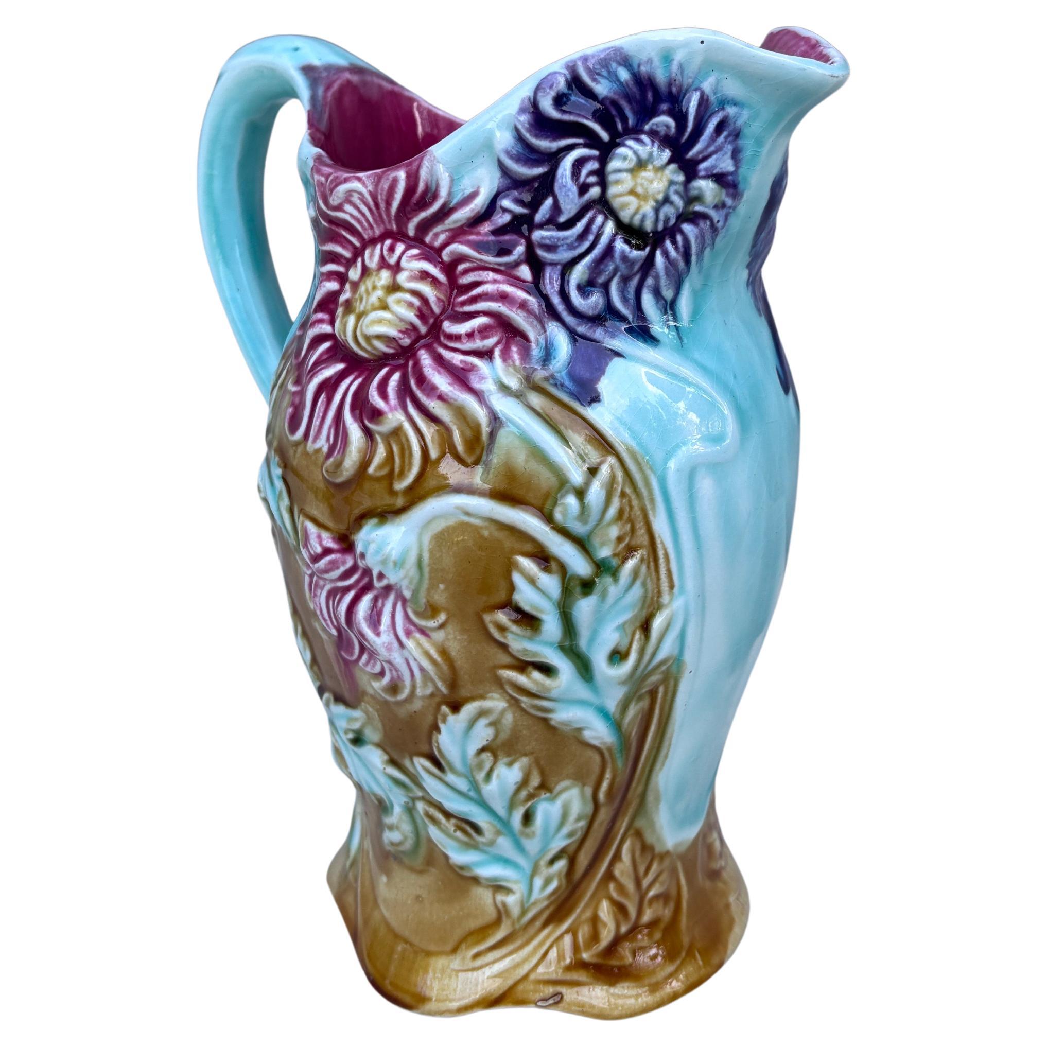 Late 19th Century 19th Century Majolica Chrysanthemum Flower Pitcher Onnaing For Sale