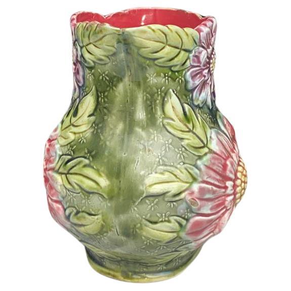 Rustic 19th Century Majolica Dahlias Pitcher Onnaing For Sale