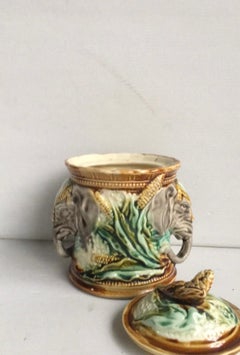 19th Century Majolica Elephant Tobacco Jar Onnaing