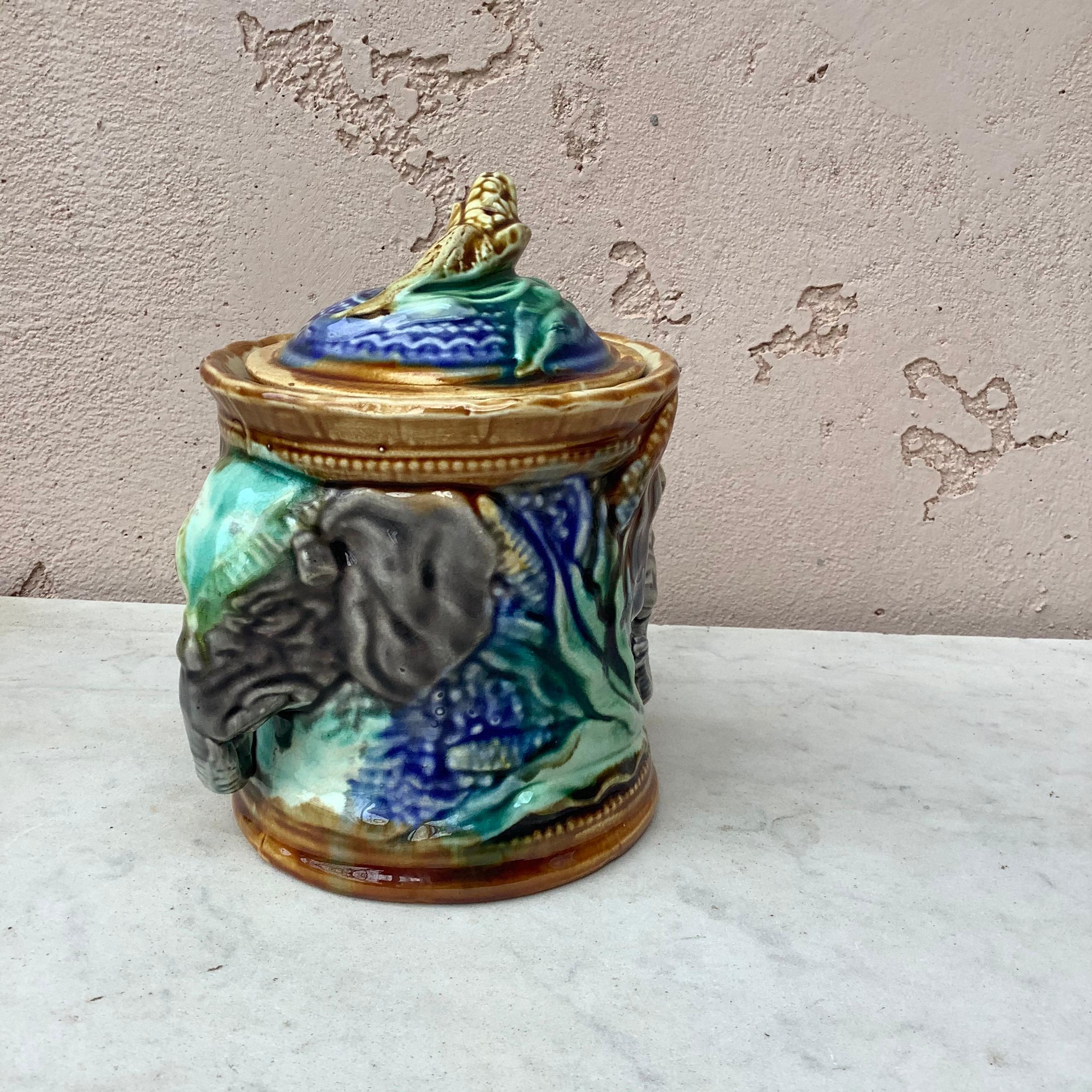 French 19th Century Majolica Elephant Tobacco Jar Onnaing For Sale