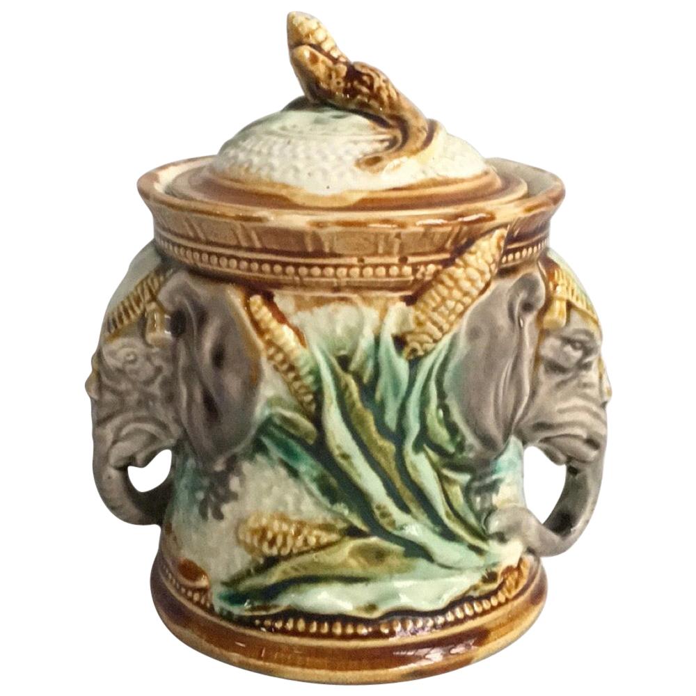 19th Century Majolica Elephant Tobacco Jar Onnaing For Sale