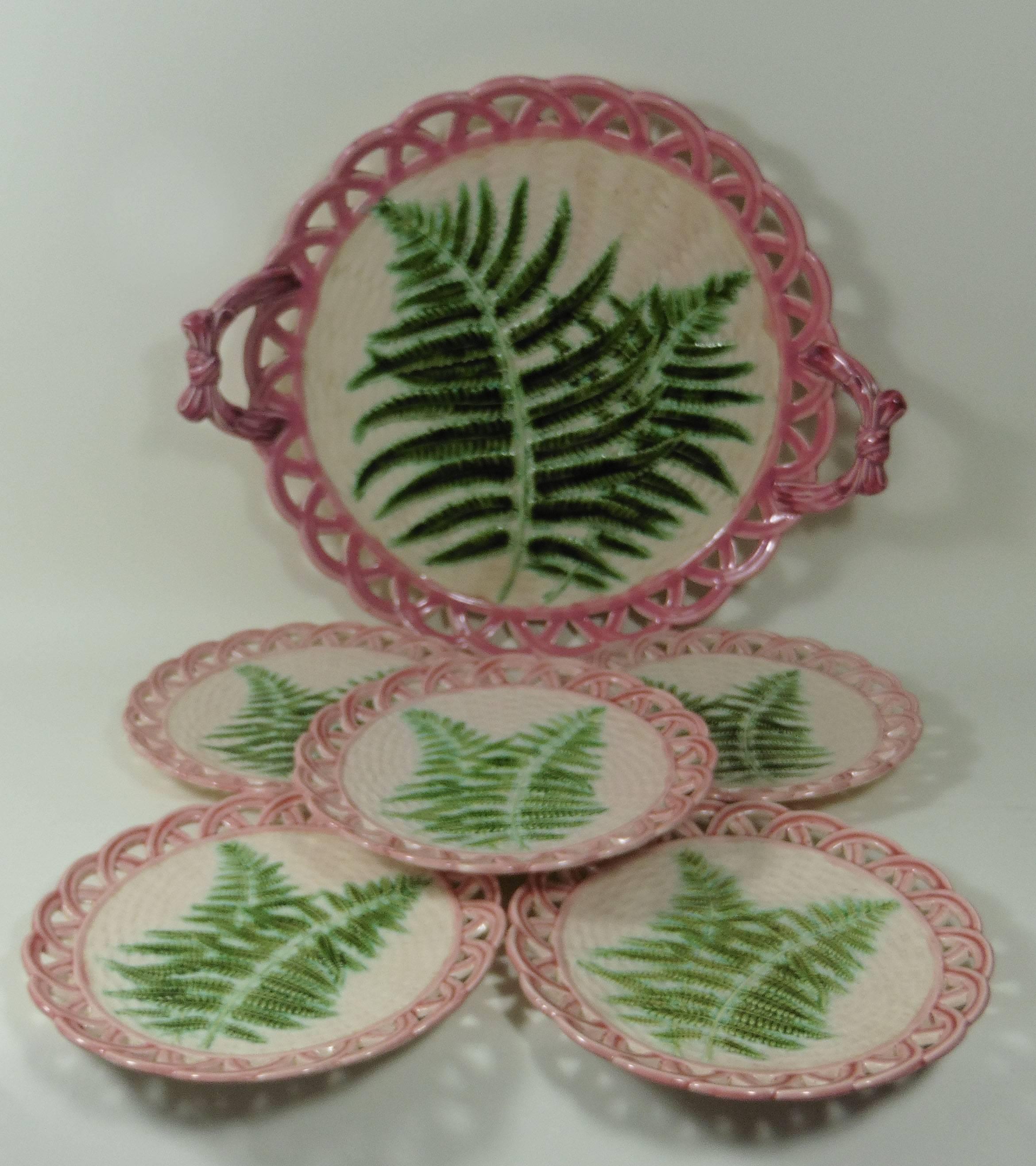 Victorian 19th Century Majolica Fern Handled Platter Sarreguemines