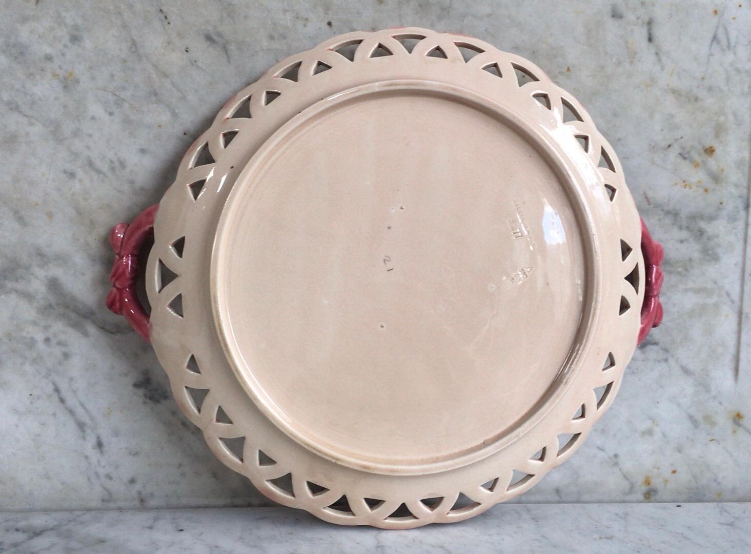 French 19th Century Majolica Fern Handled Platter Sarreguemines