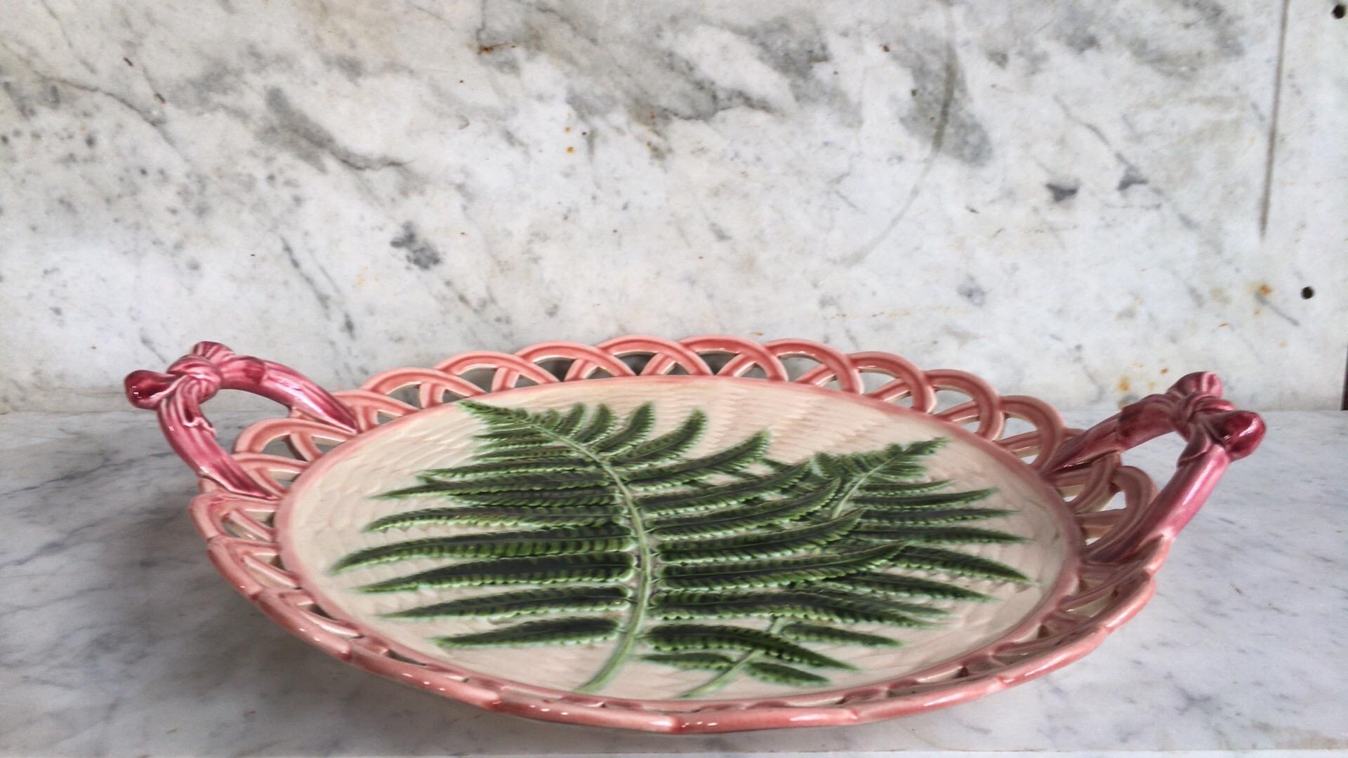 Late 19th Century 19th Century Majolica Fern Handled Platter Sarreguemines