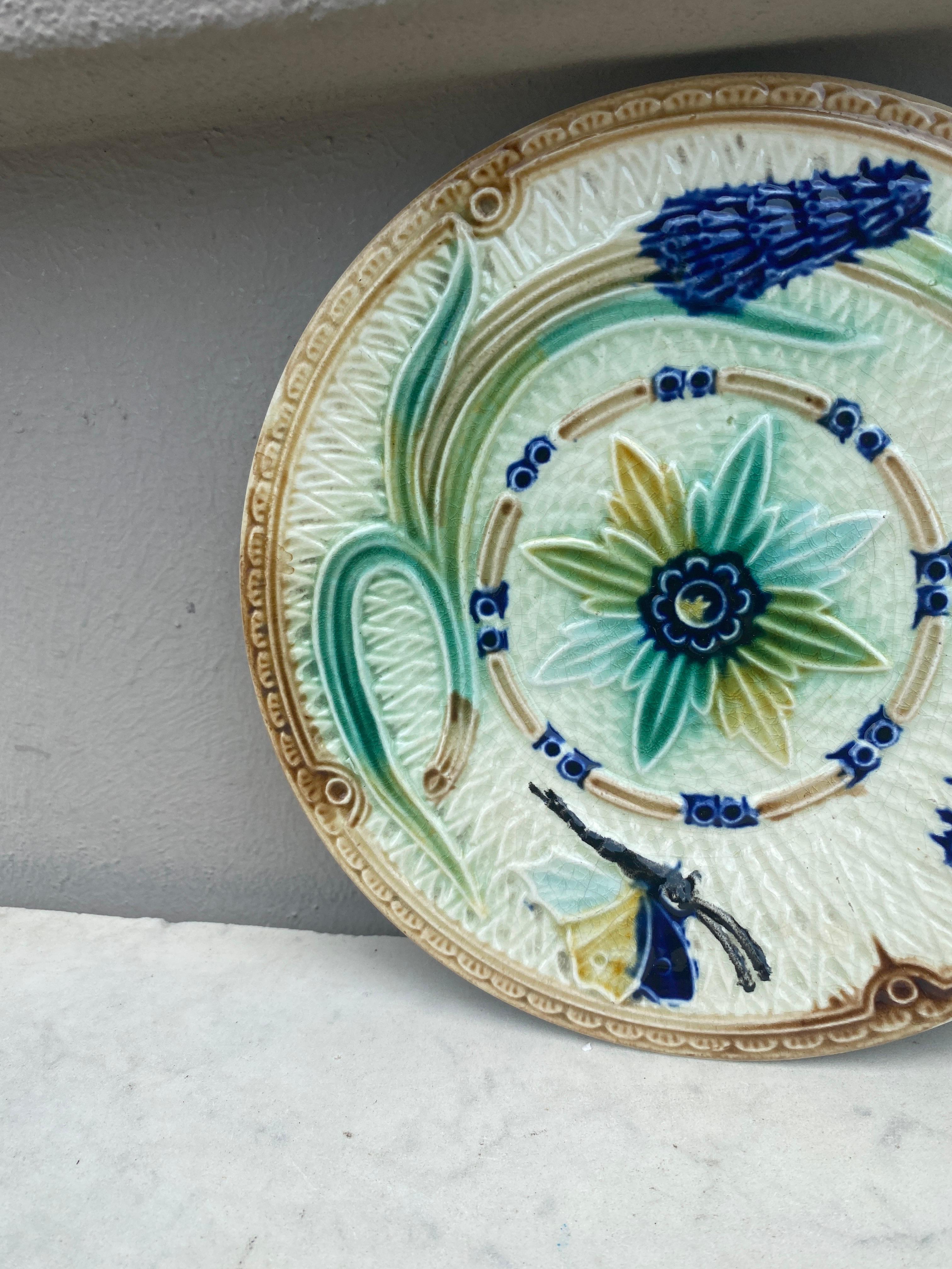 19th Century Majolica flowers and butterfly plate Wasmuel.