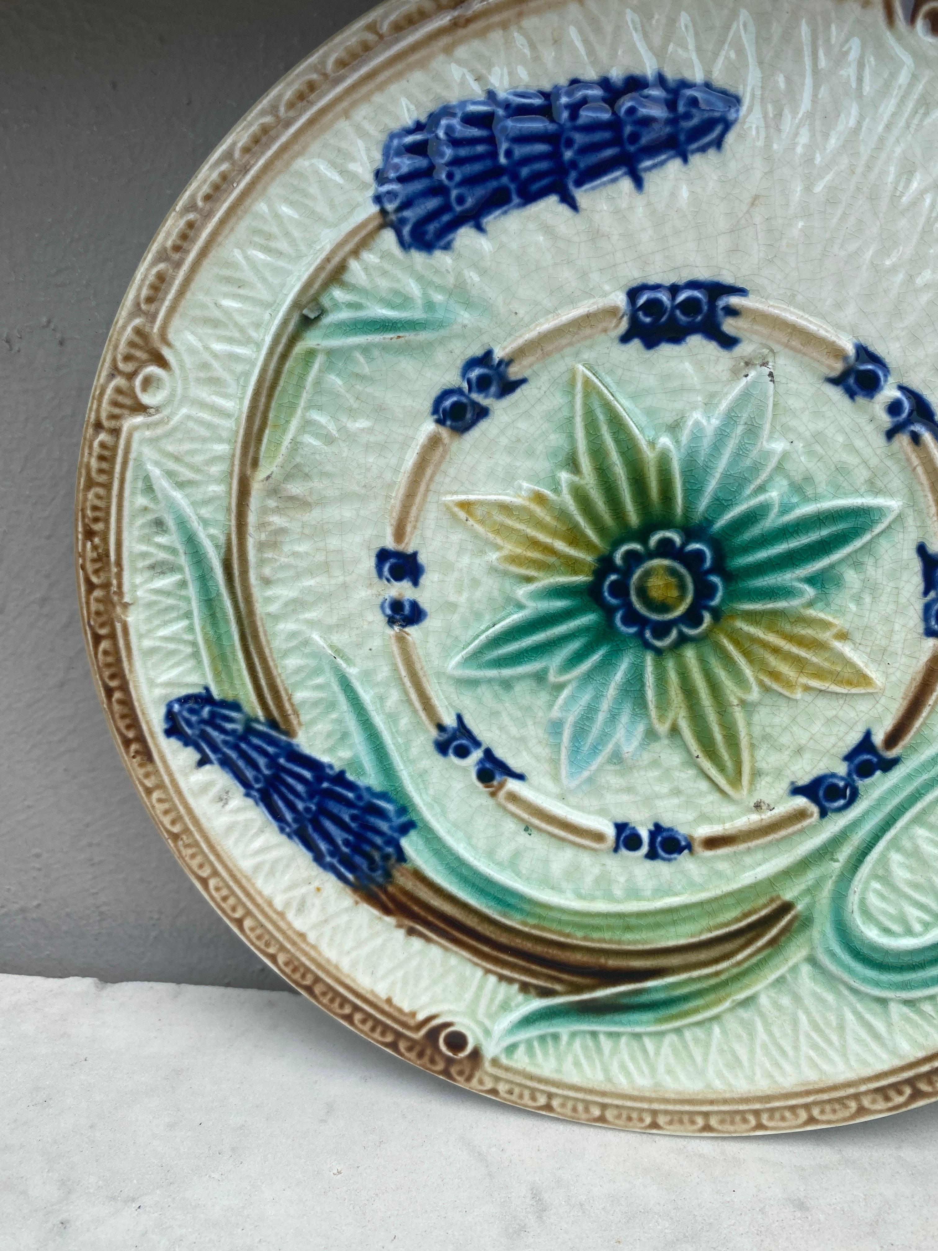 19th Century Majolica flowers and butterfly plate Wasmuel.