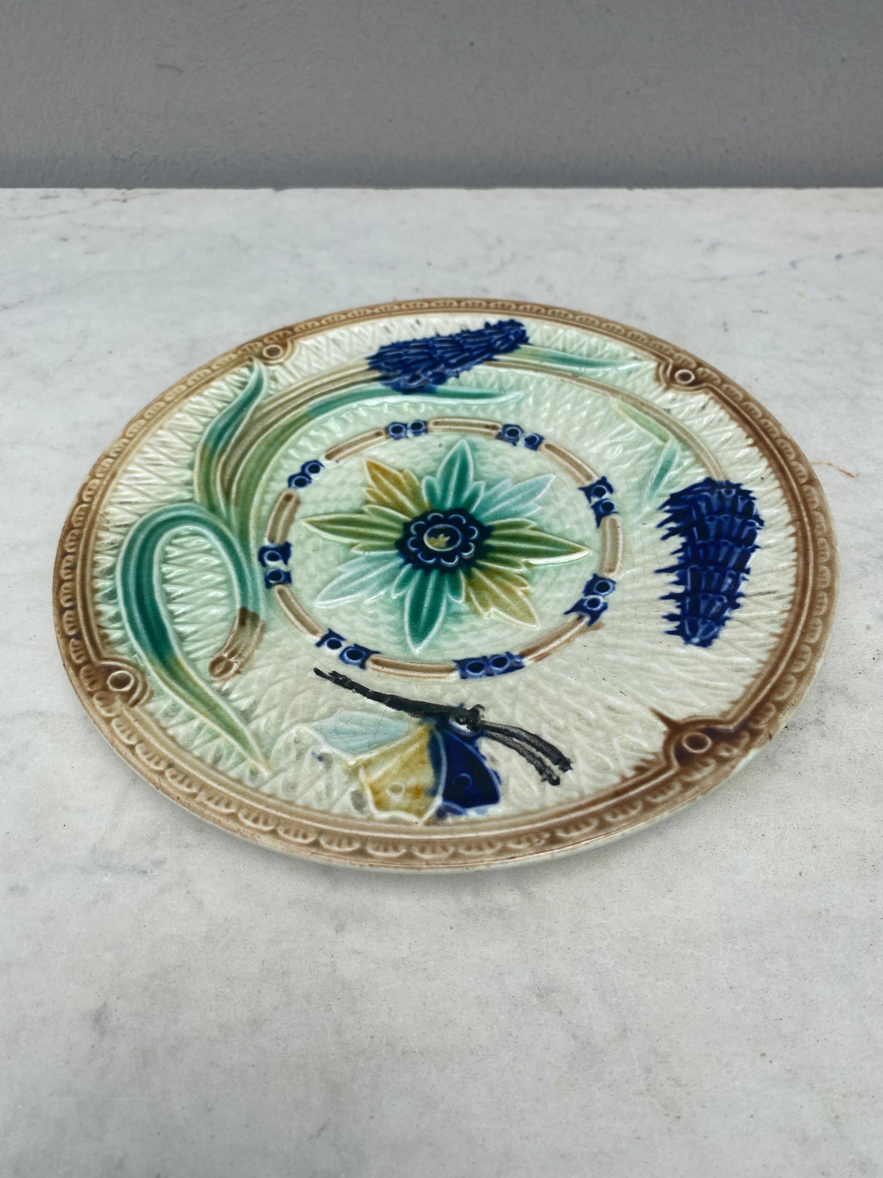 Art Nouveau 19th Century Majolica Flowers and Butterfly Plate Wasmuel For Sale