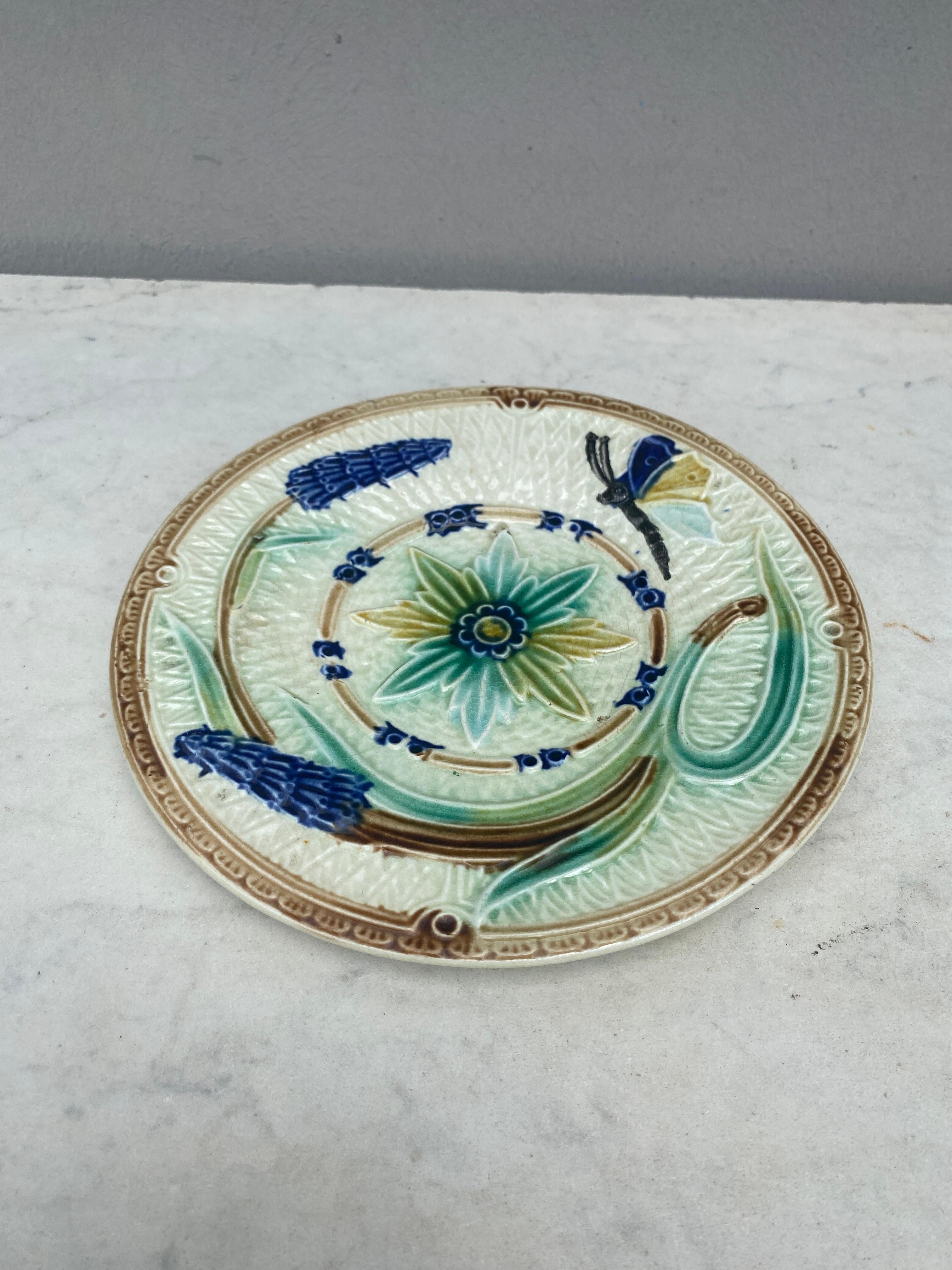 Art Nouveau 19th Century Majolica Flowers and Butterfly Plate Wasmuel For Sale