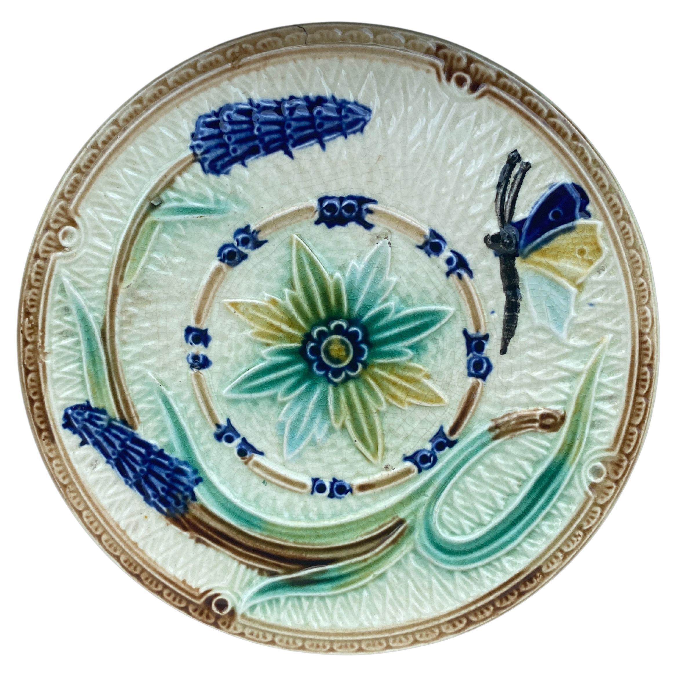 19th Century Majolica Flowers and Butterfly Plate Wasmuel For Sale