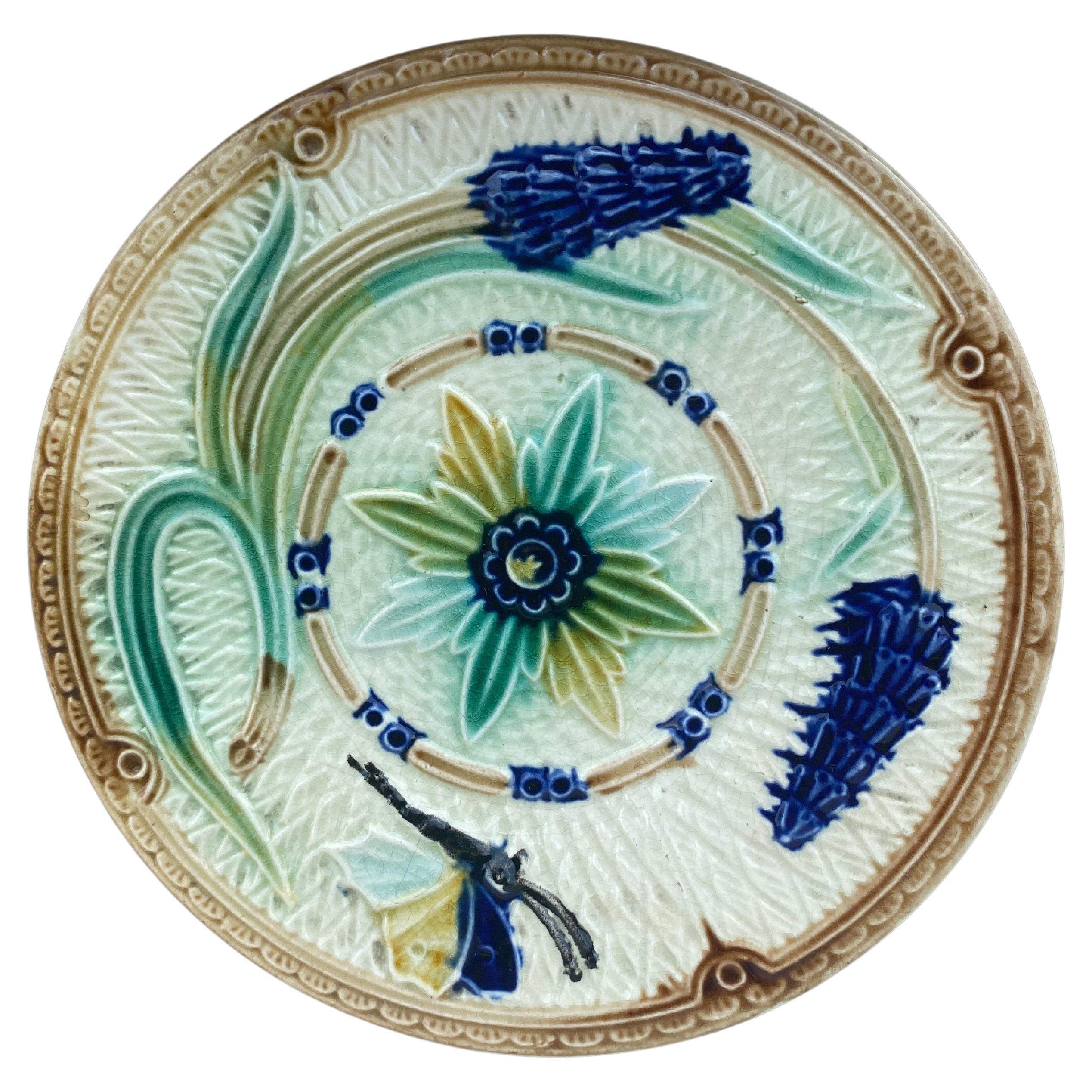 19th Century Majolica Flowers and Butterfly Plate Wasmuel For Sale