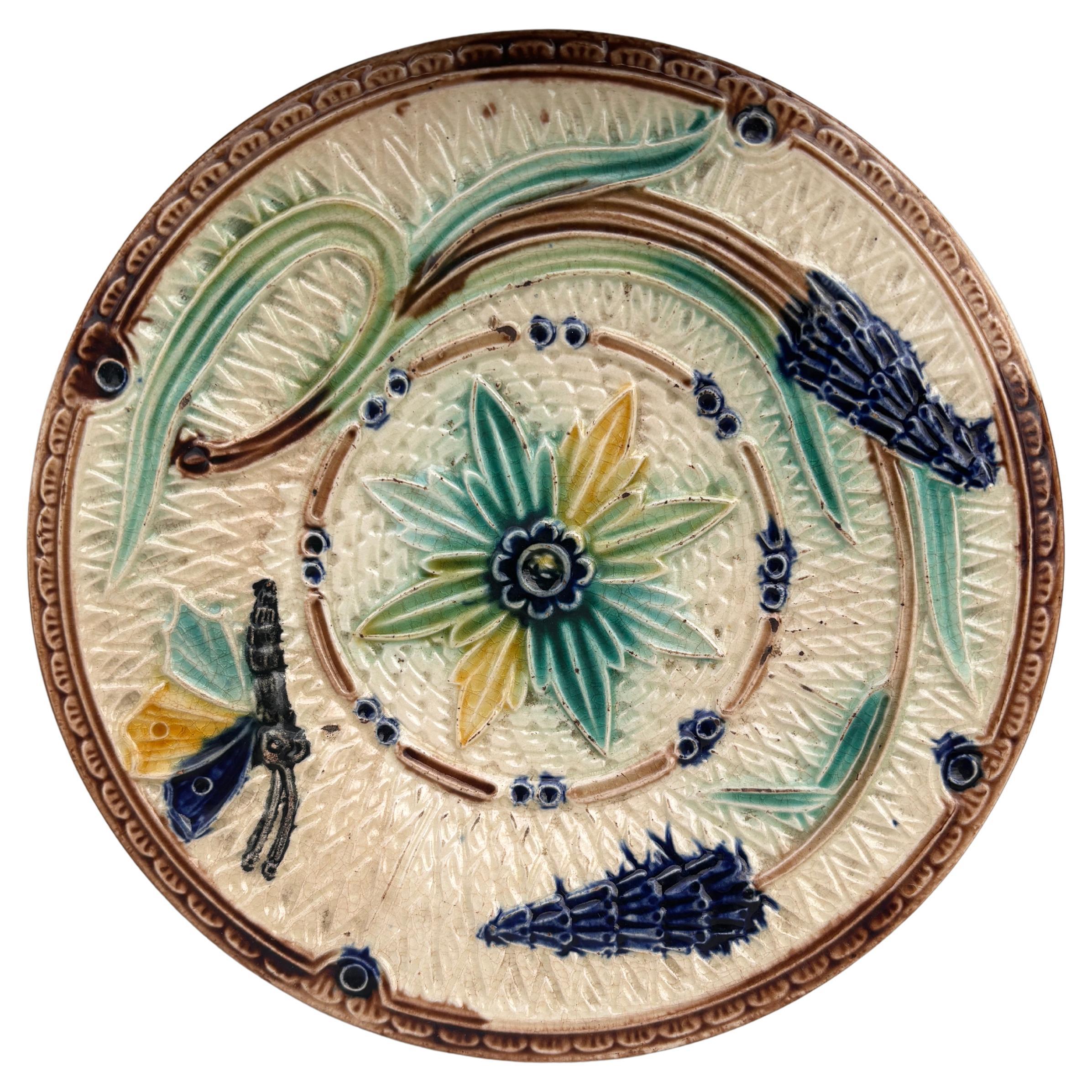 19th Century Majolica Flowers & Butterfly Plate Wasmuel