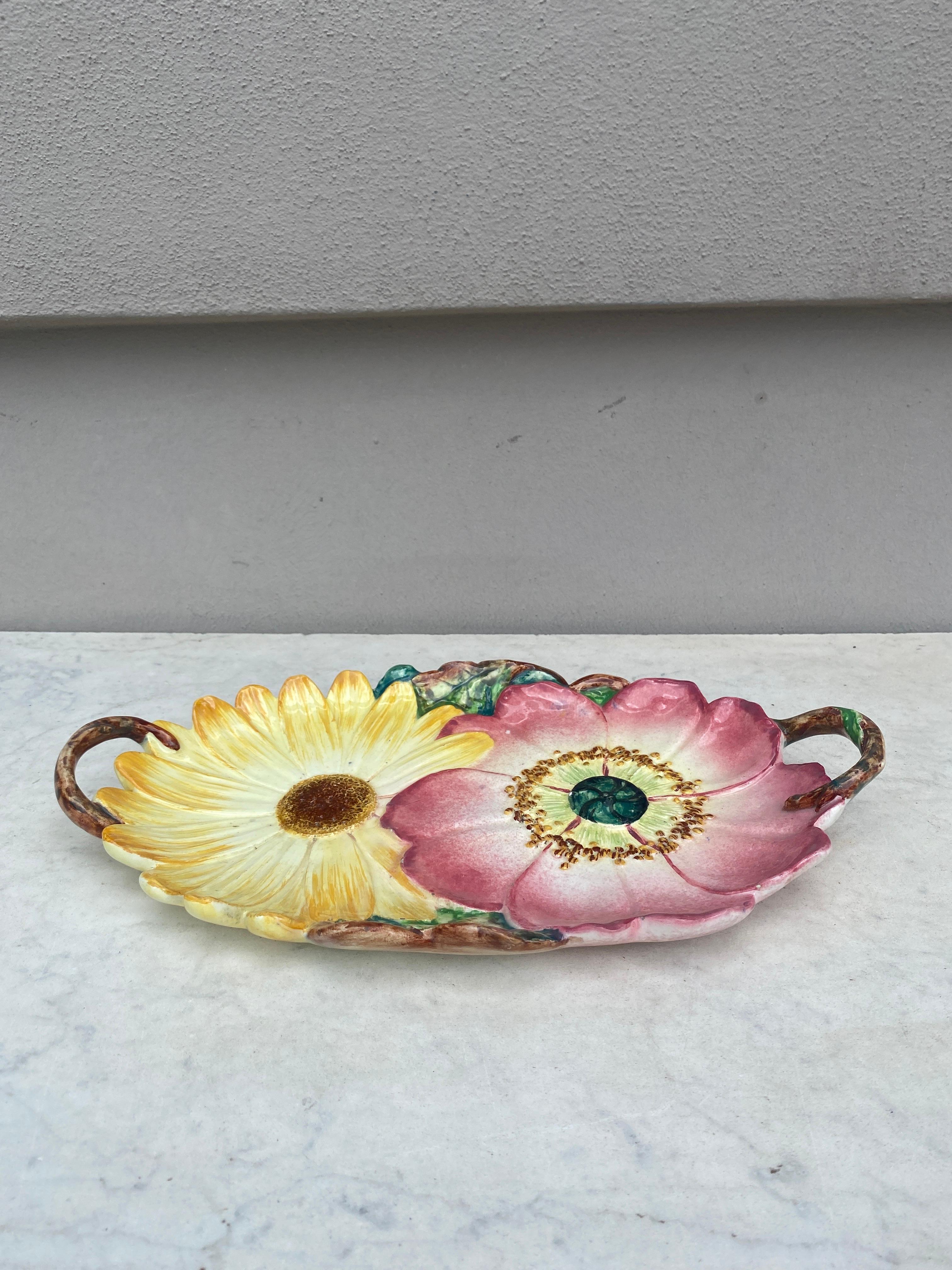 French 19th Century Majolica Flowers Handled Platter Massier For Sale