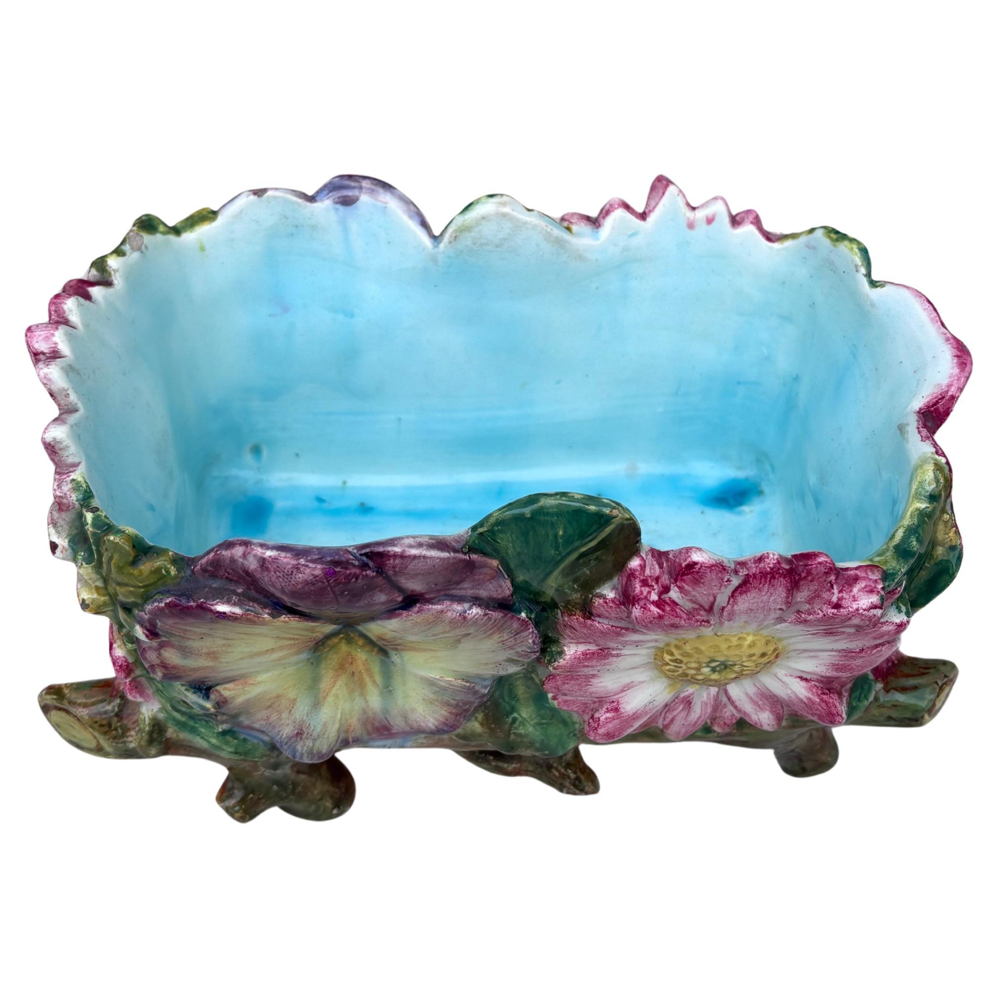 19th Century Majolica Flowers Jardiniere Delphin Massier In Good Condition In Austin, TX