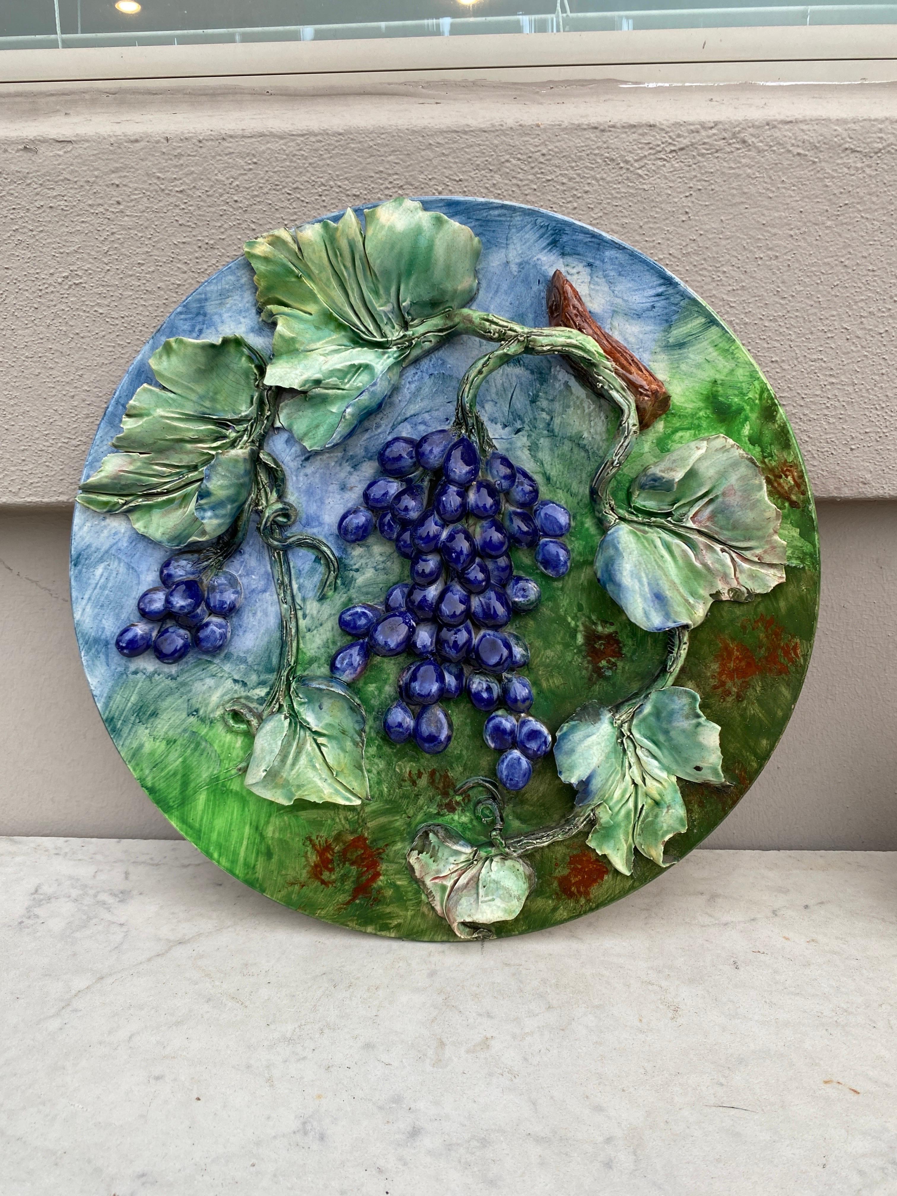 19th Century Majolica Grapes Wall Platter Fives Lille For Sale 1