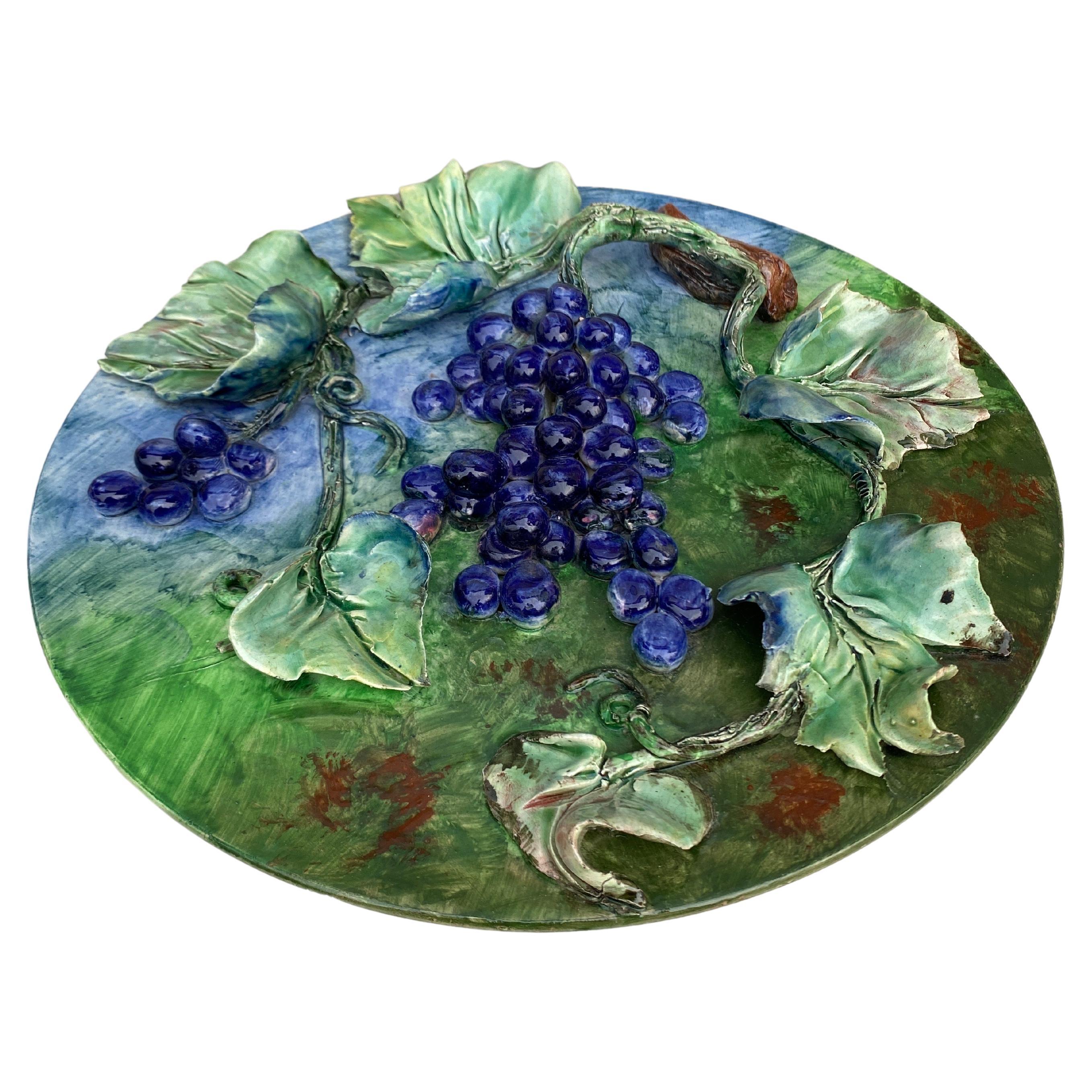 Country 19th Century Majolica Grapes Wall Platter Longchamp For Sale