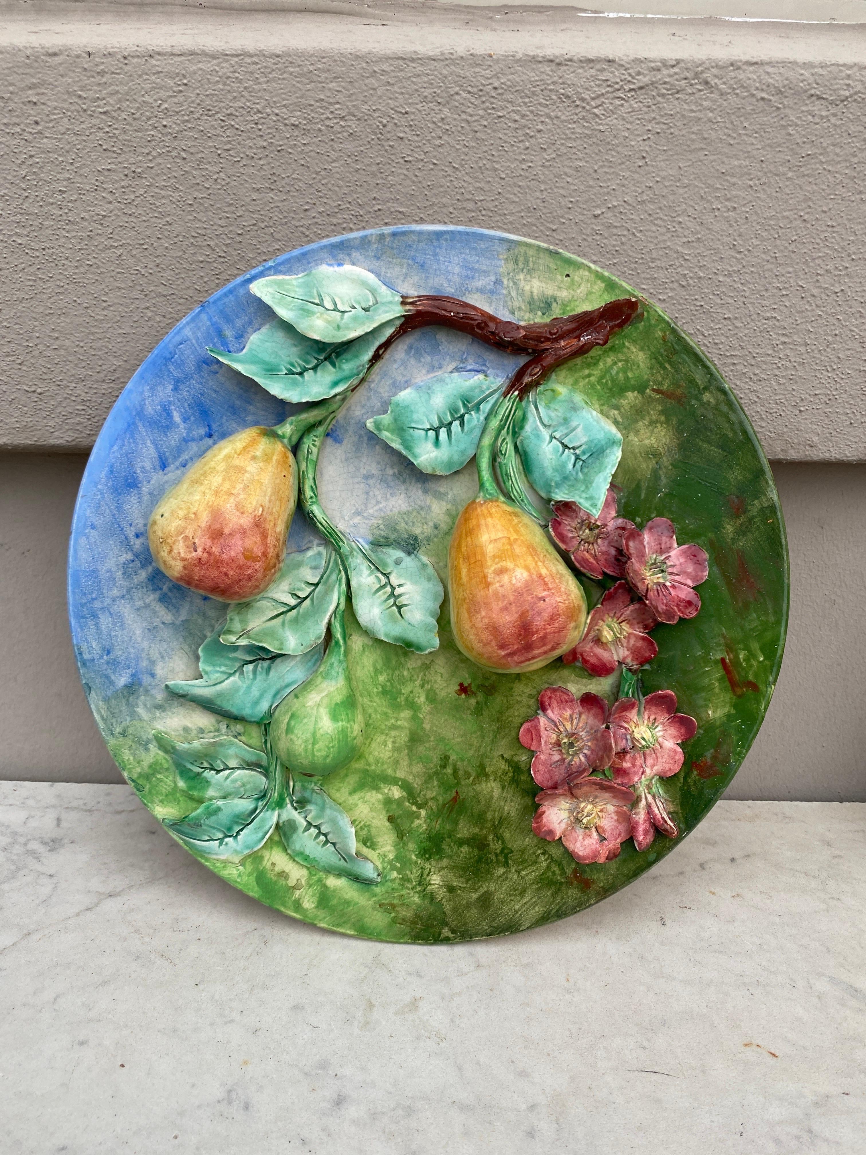 Ceramic 19th Century Majolica Grapes Wall Platter Longchamp For Sale