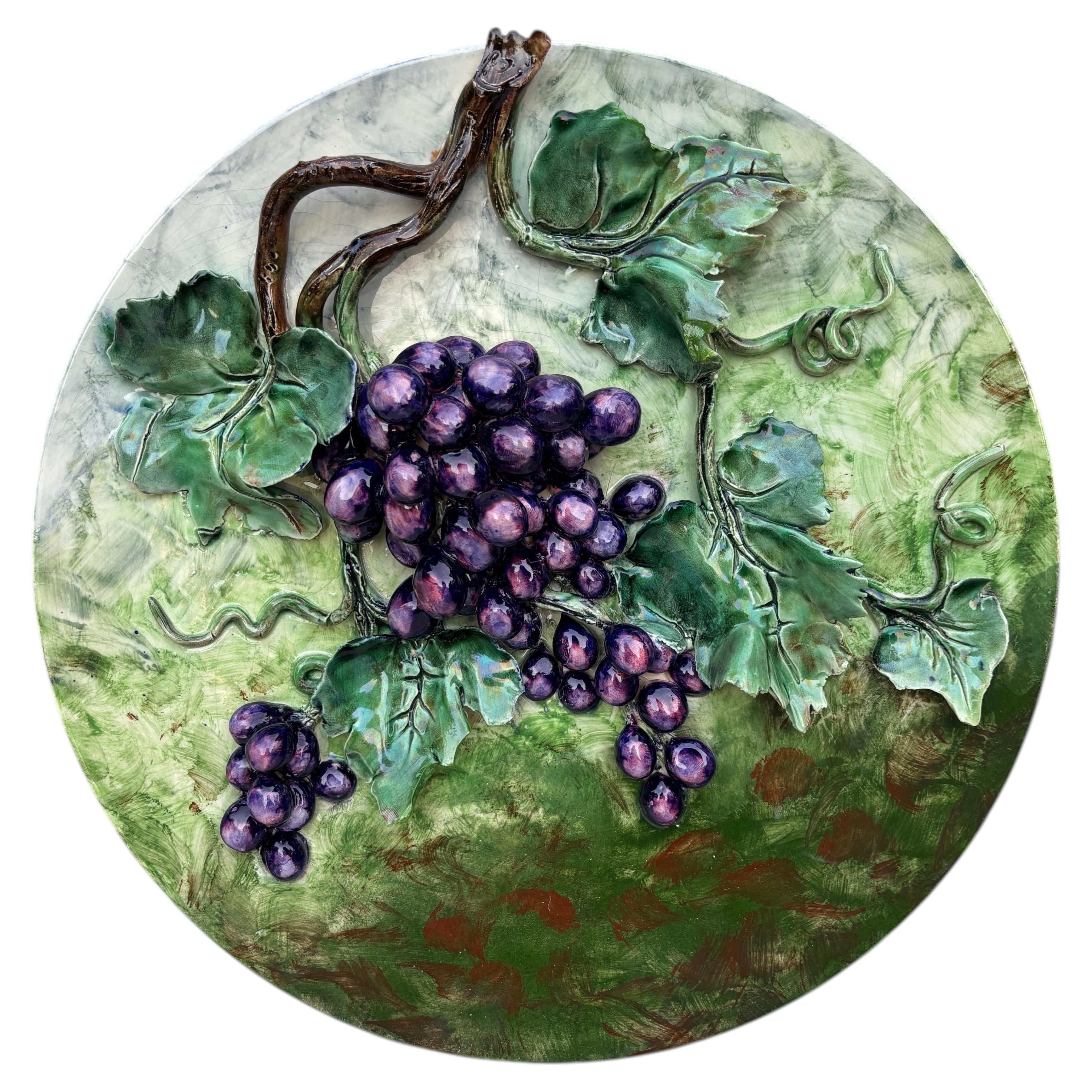 19th Century Majolica Grapes Wall Platter Longchamp For Sale