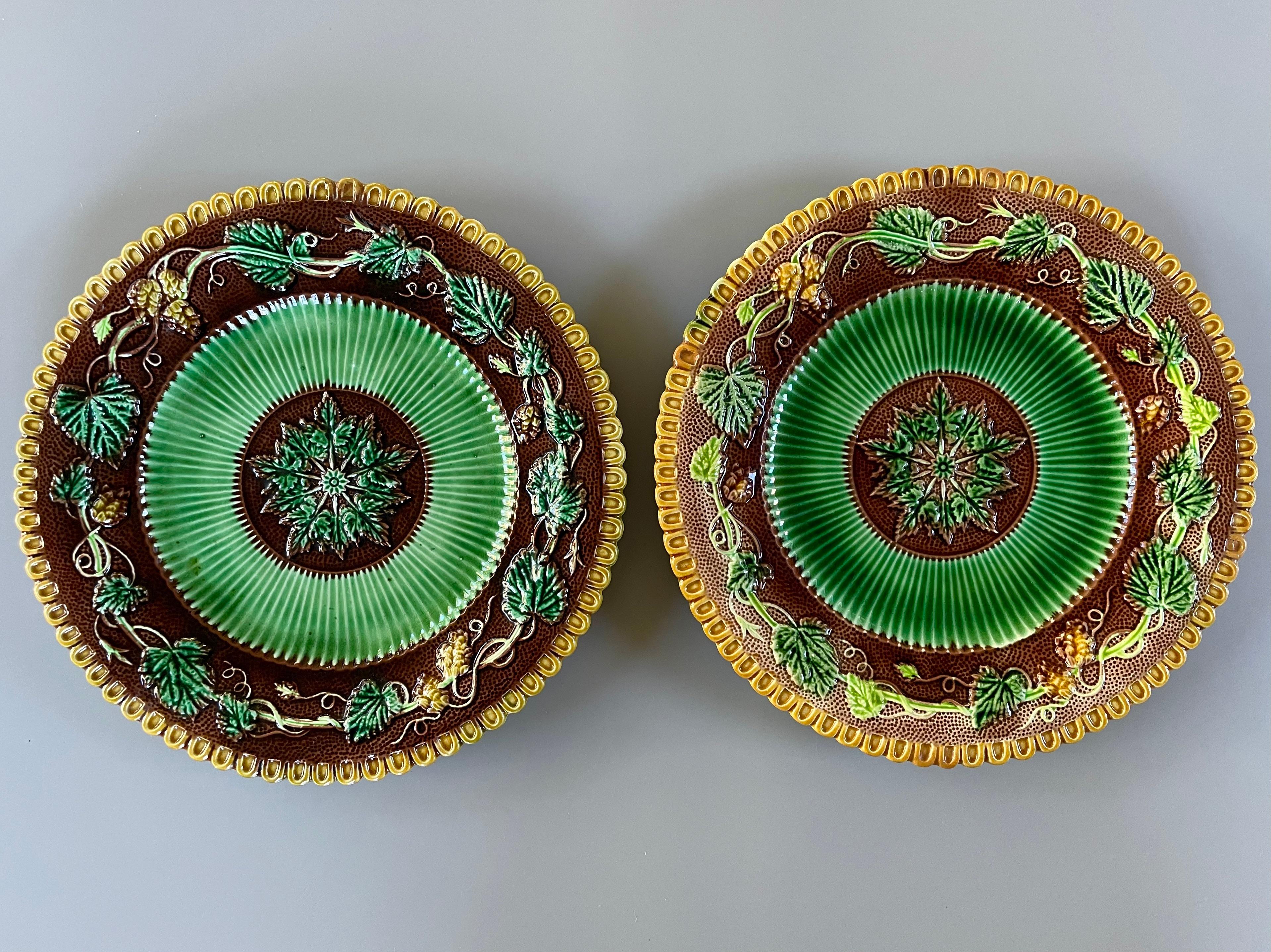 Coppia di piatti in maiolica francese del XIX secolo con motivo a vite in verde, marrone e bordo dorato. Colore screziato sul retro. Circa 1890-1899. 
9,5