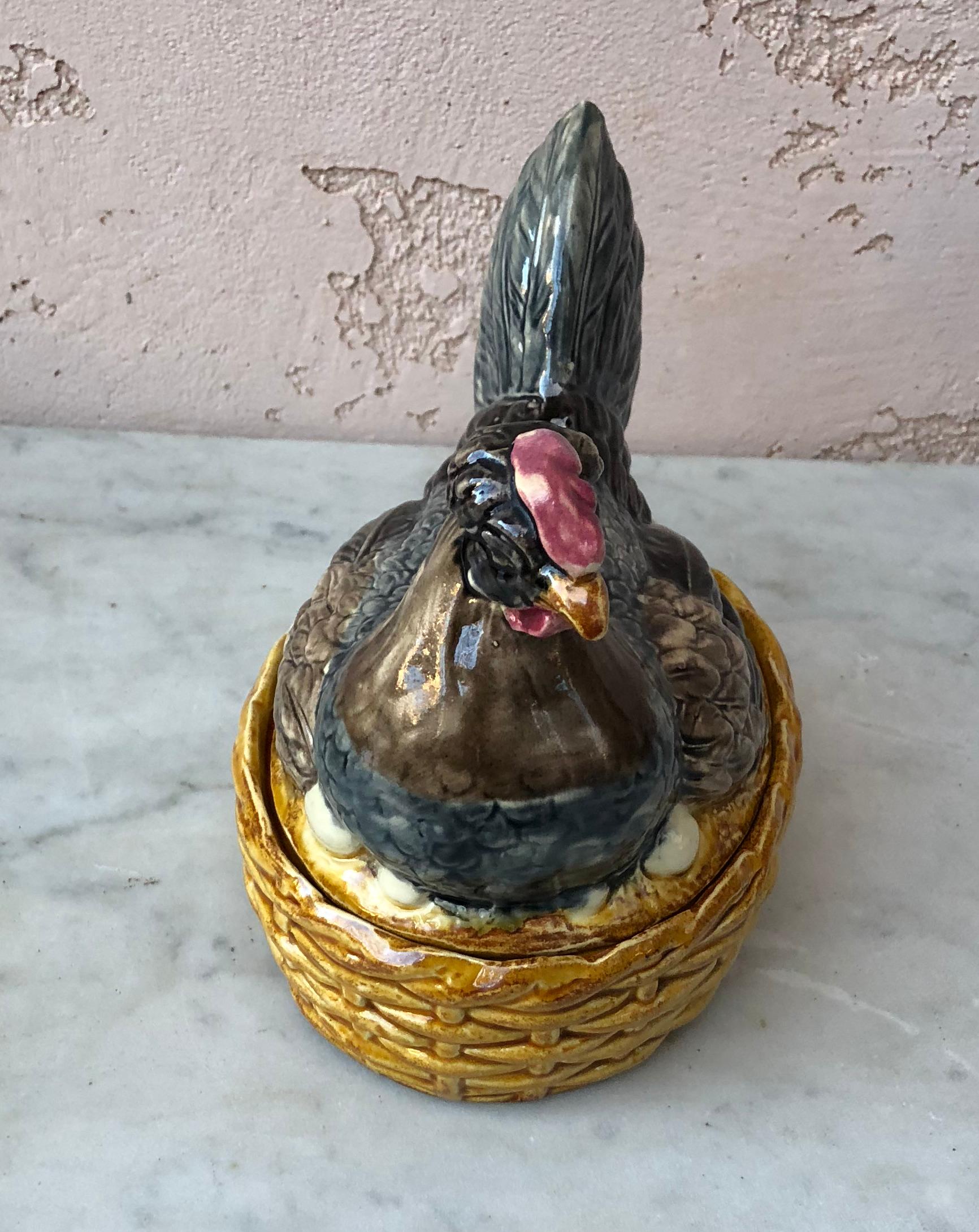 Country 19th Century Majolica Hen on Nest Tureen Desvres