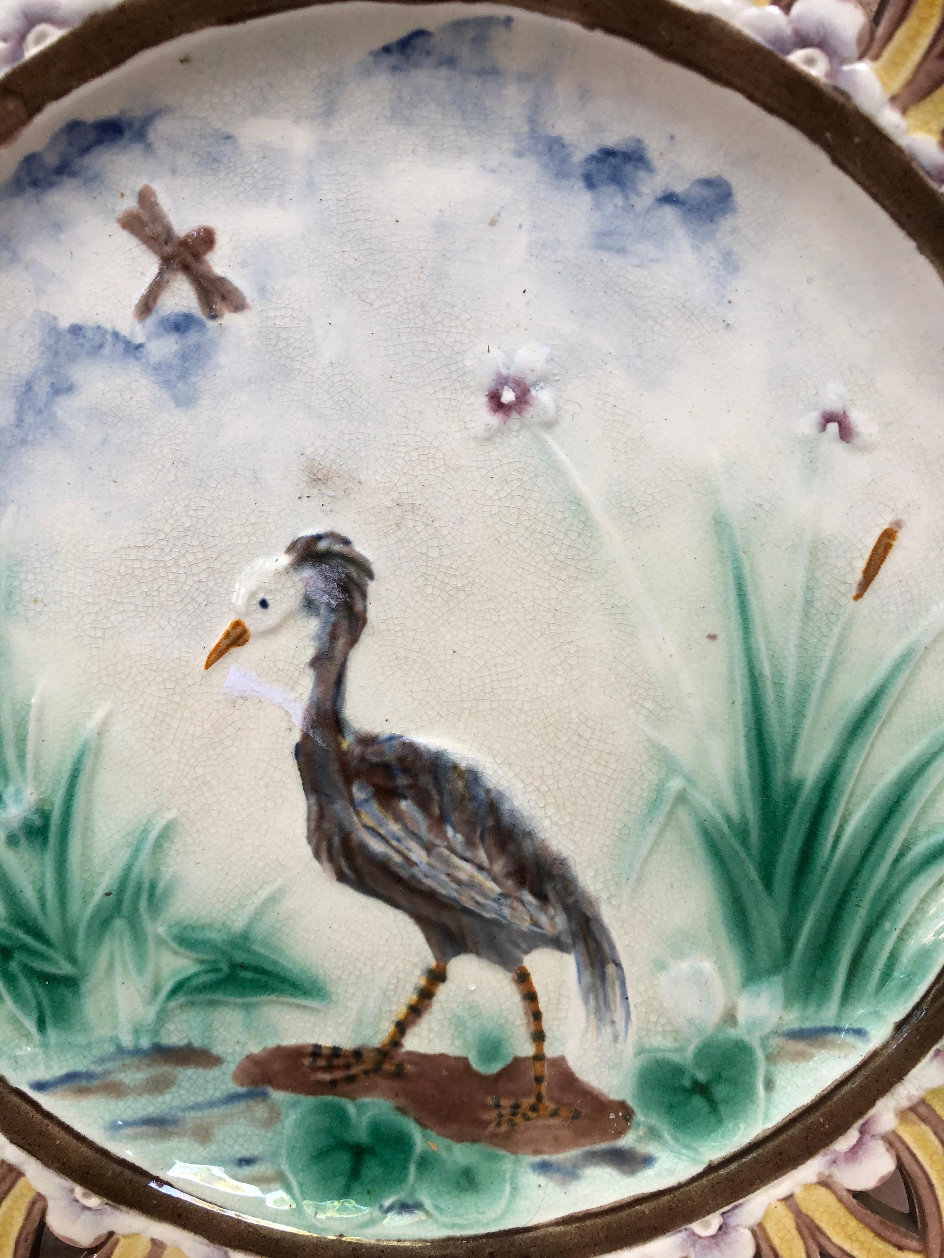 Victorien Assiette réticulée en majolique Heron du 19ème siècle de Wedgwood