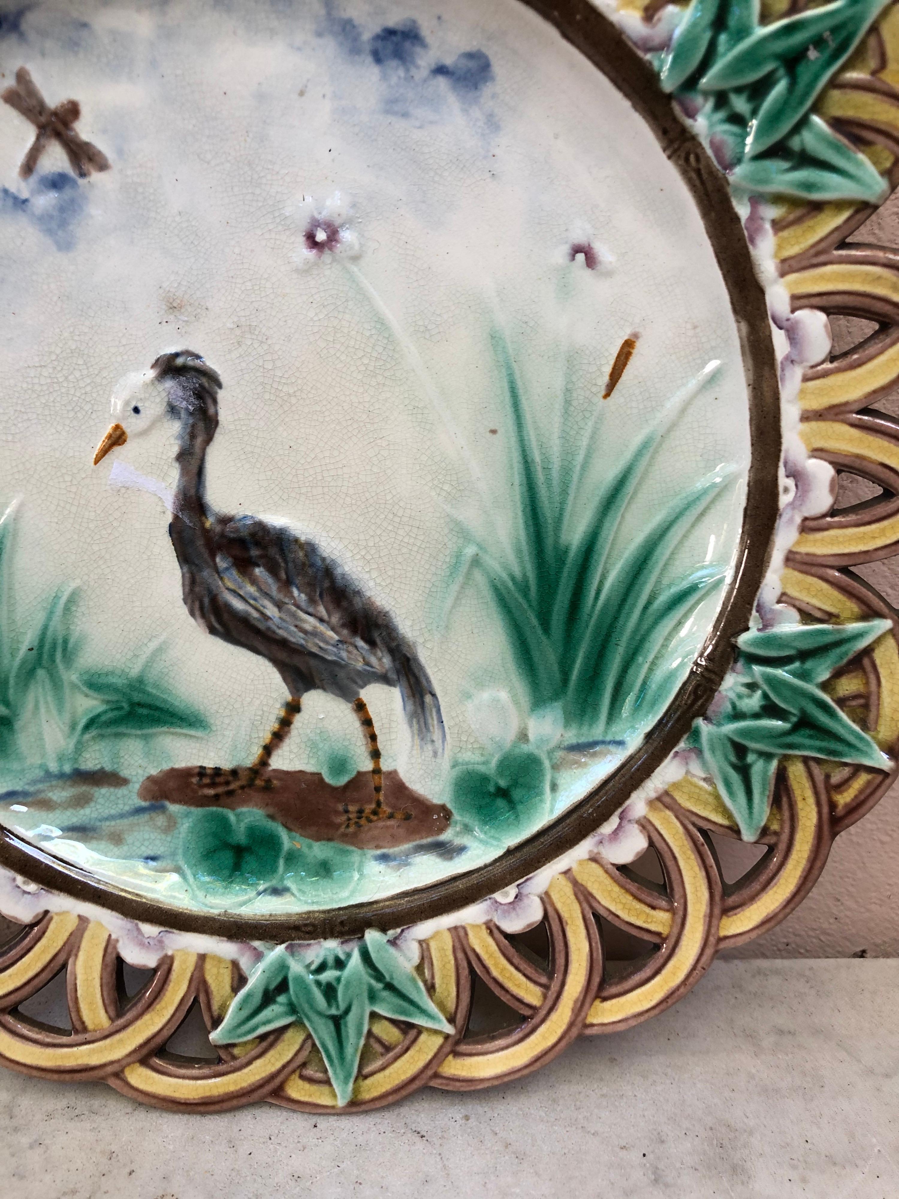 British 19th Century Majolica Heron Reticulated Plate Wedgwood