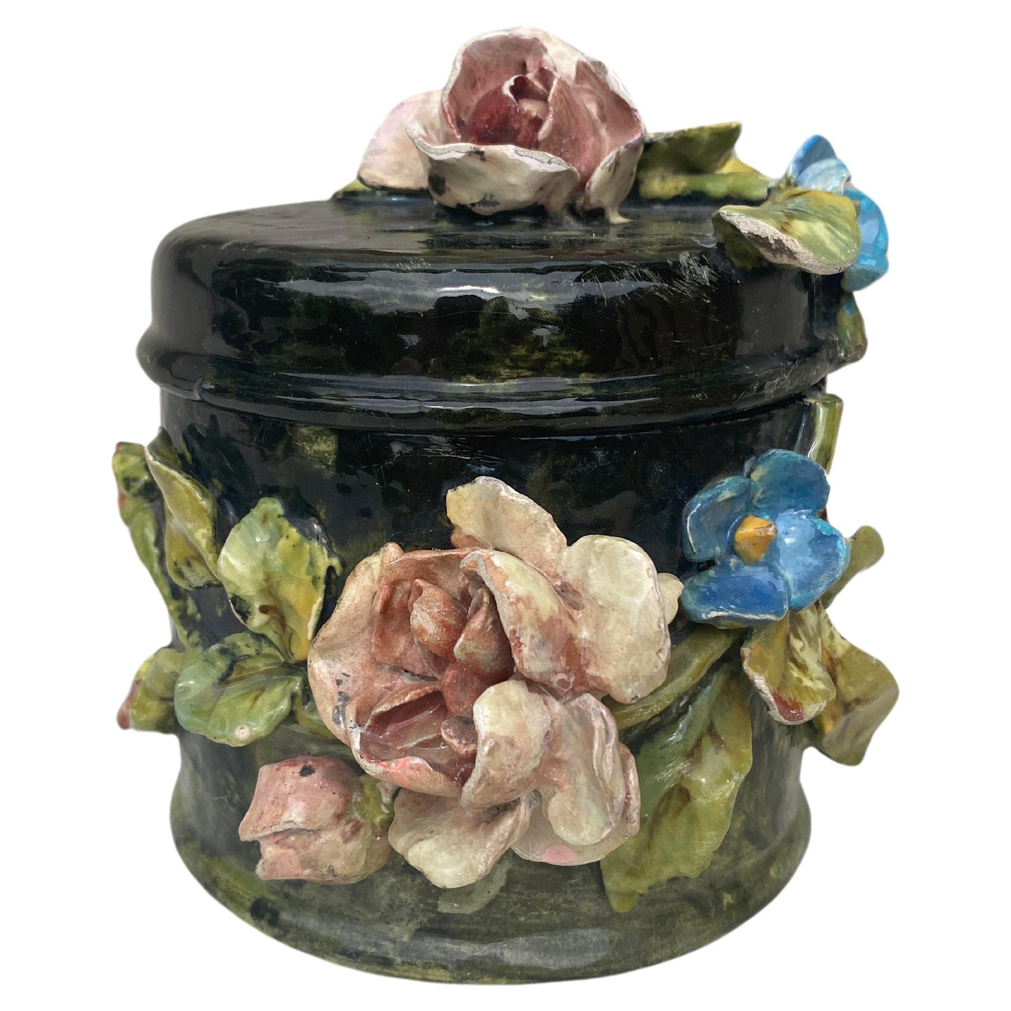 19th Century Majolica Impressionist Flowers Box For Sale