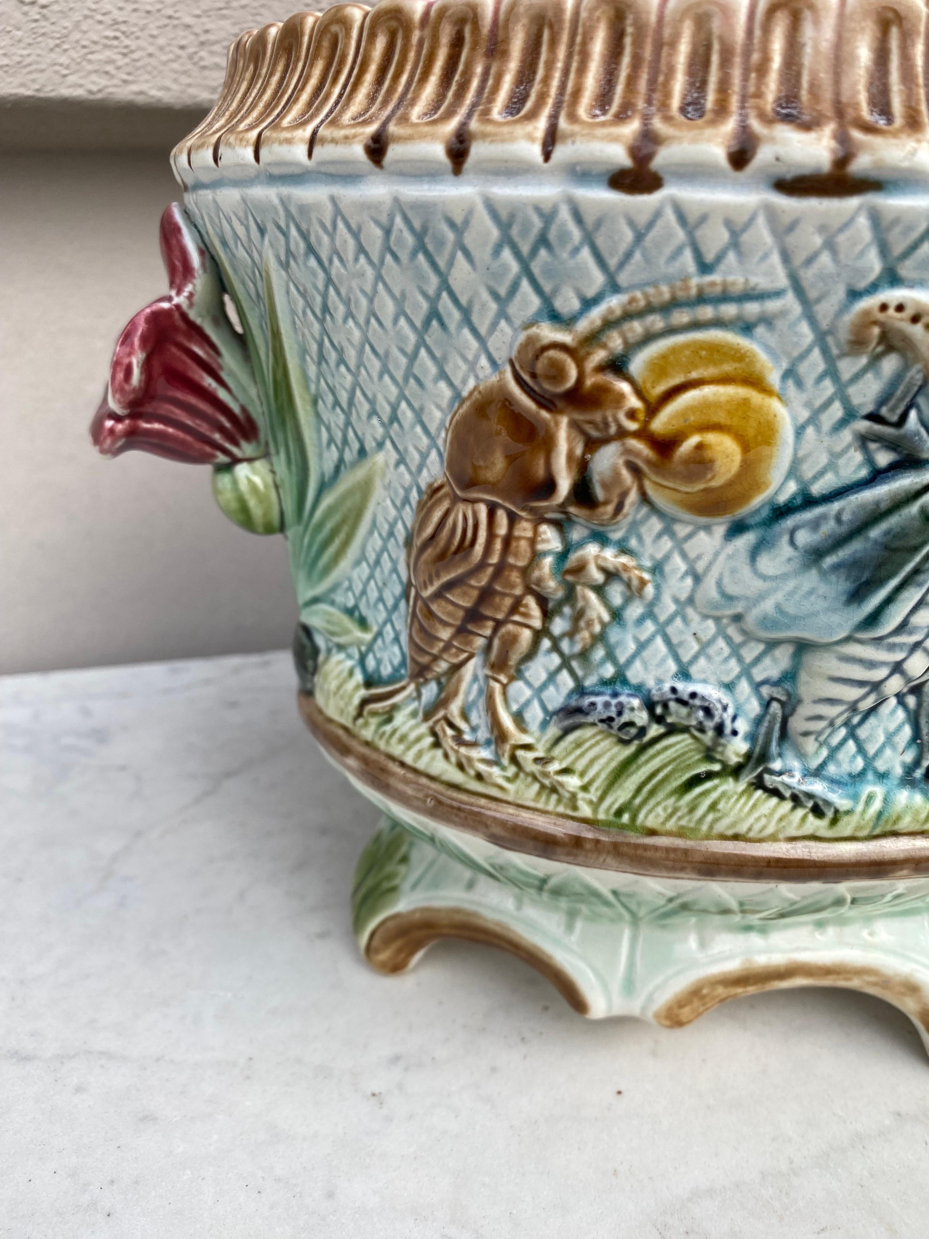 Rustic 19th Century Majolica Insects Musicians Jardinière