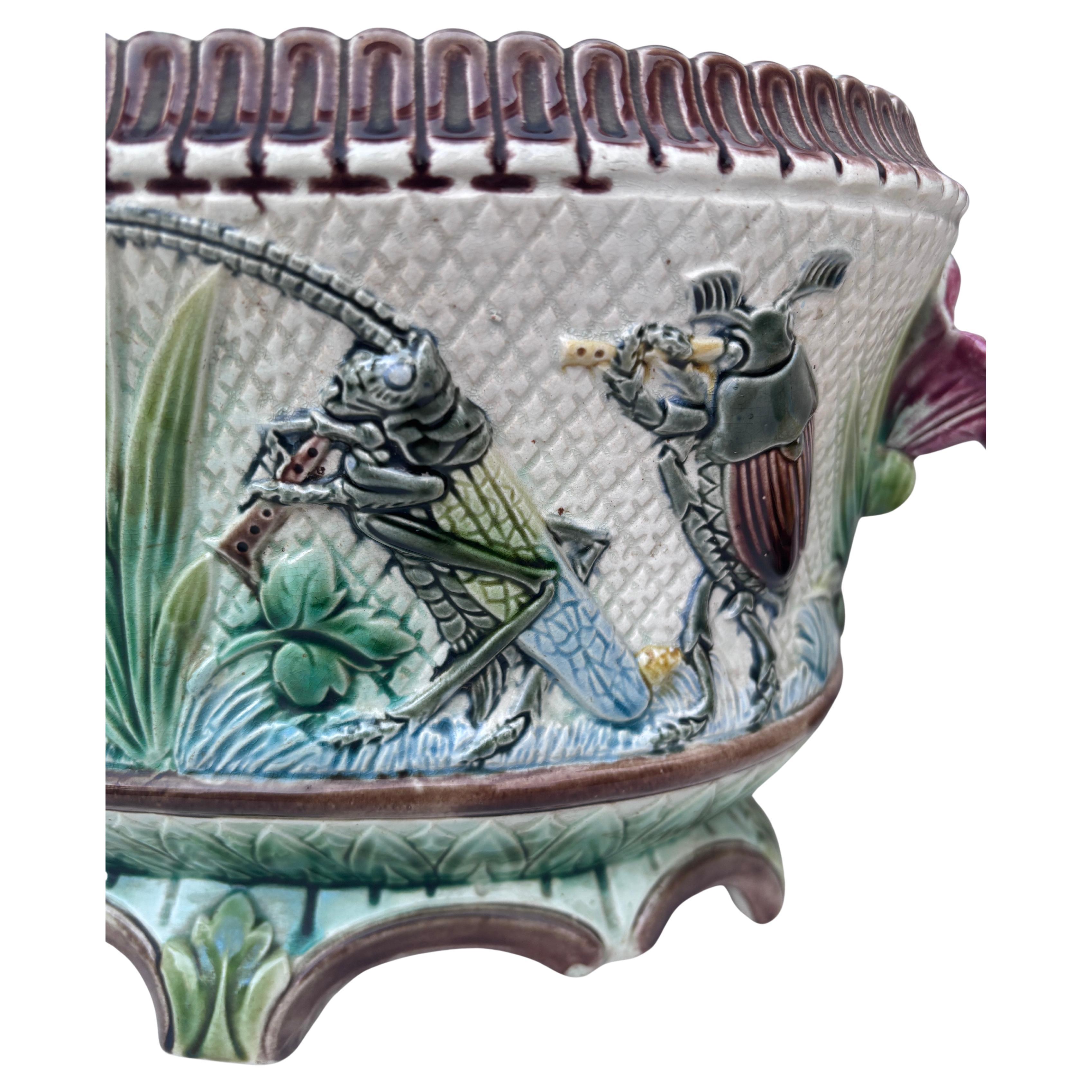 19th Century Majolica Insects Musicians Jardinière Francés en venta