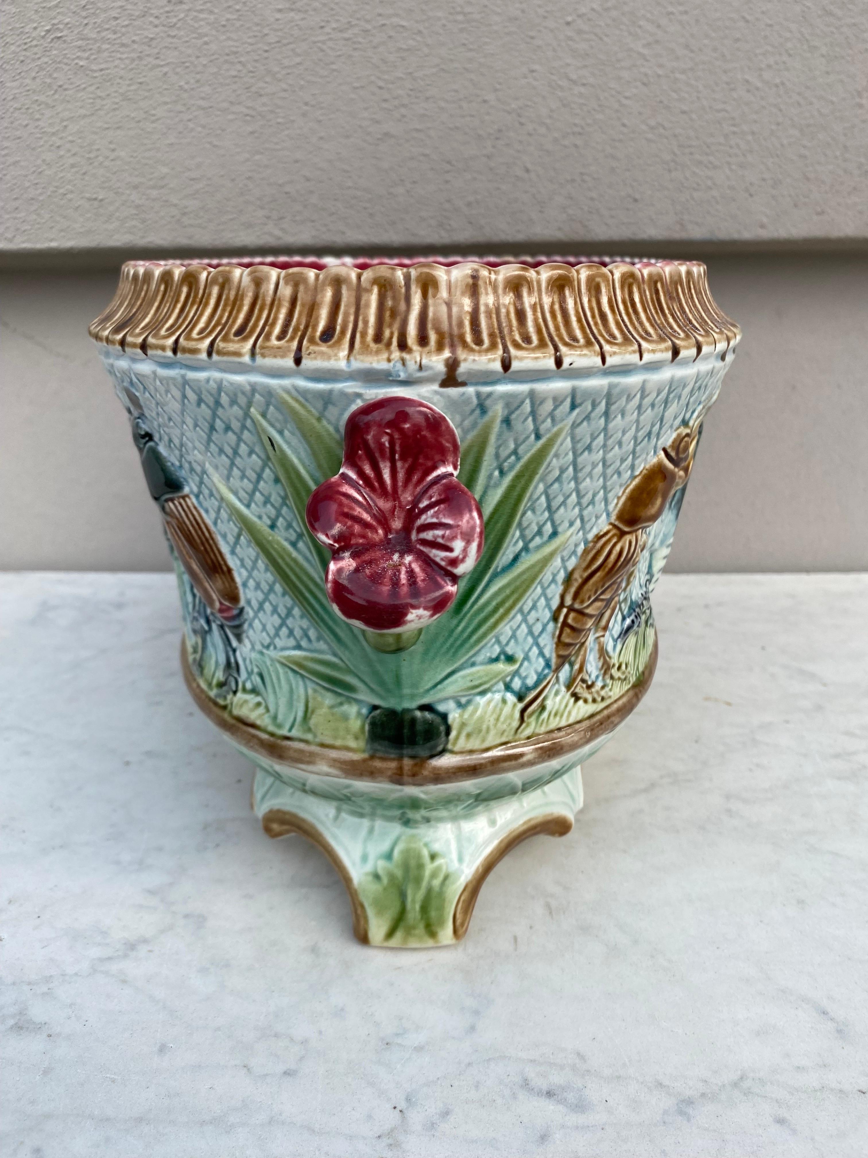 19th Century Majolica Insects Musicians Jardinière In Good Condition In Austin, TX