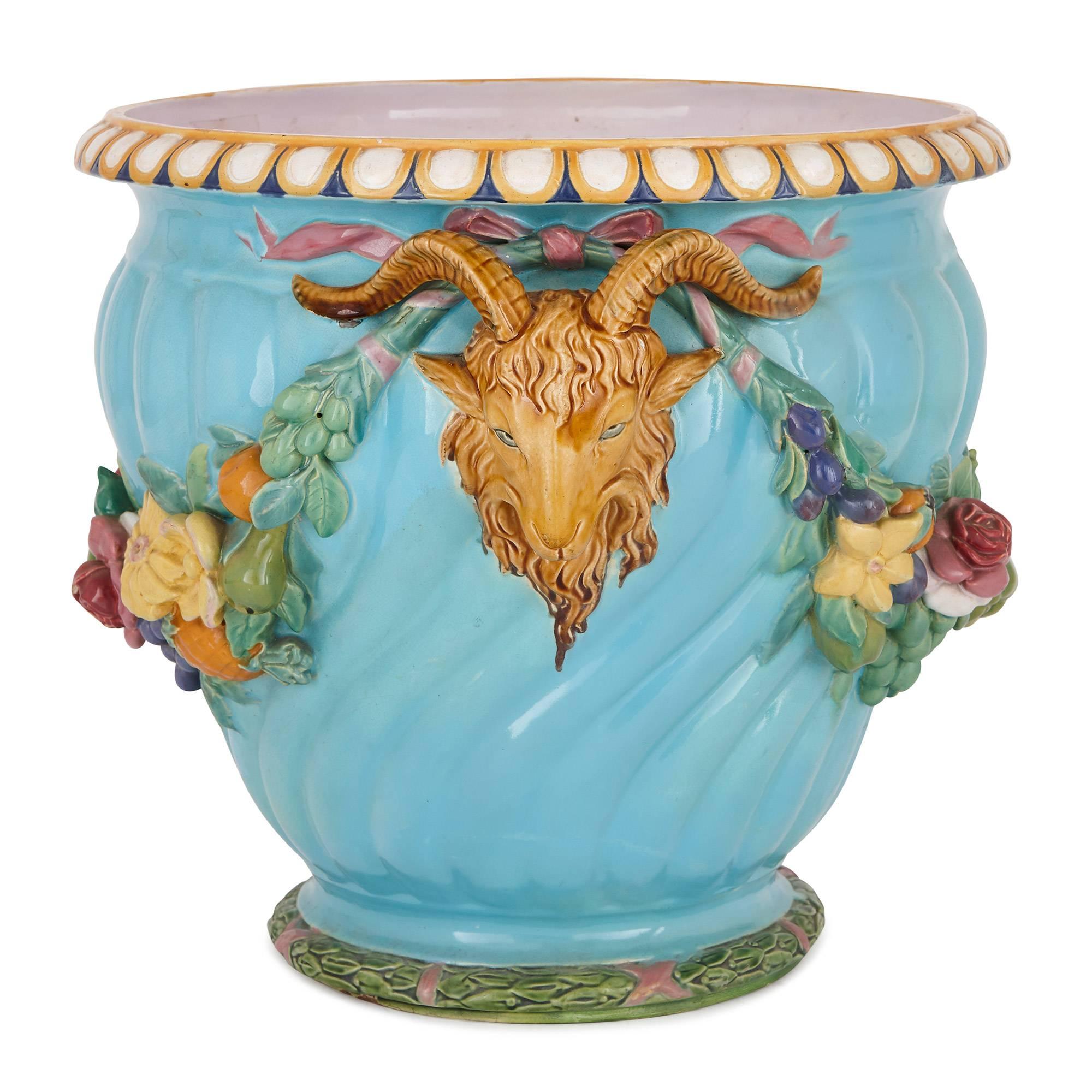 This exquisite jardinière was manufactured by the celebrated English company Minton, who are famous for their ceramics. It was designed by Baron Carlo Marochetti (1805-1867), an Italian-born sculptor who worked in London in the latter part of his