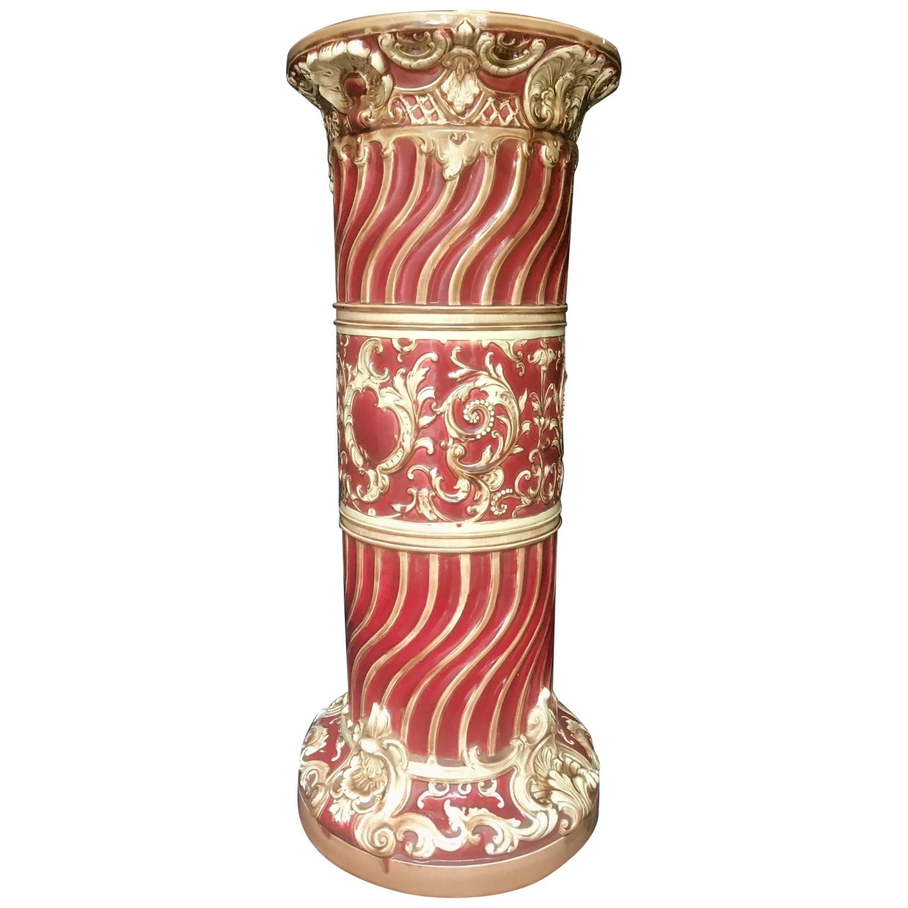 19th Century Majolica Jardinière Pedestal, Large Victorian Plant Stand, England