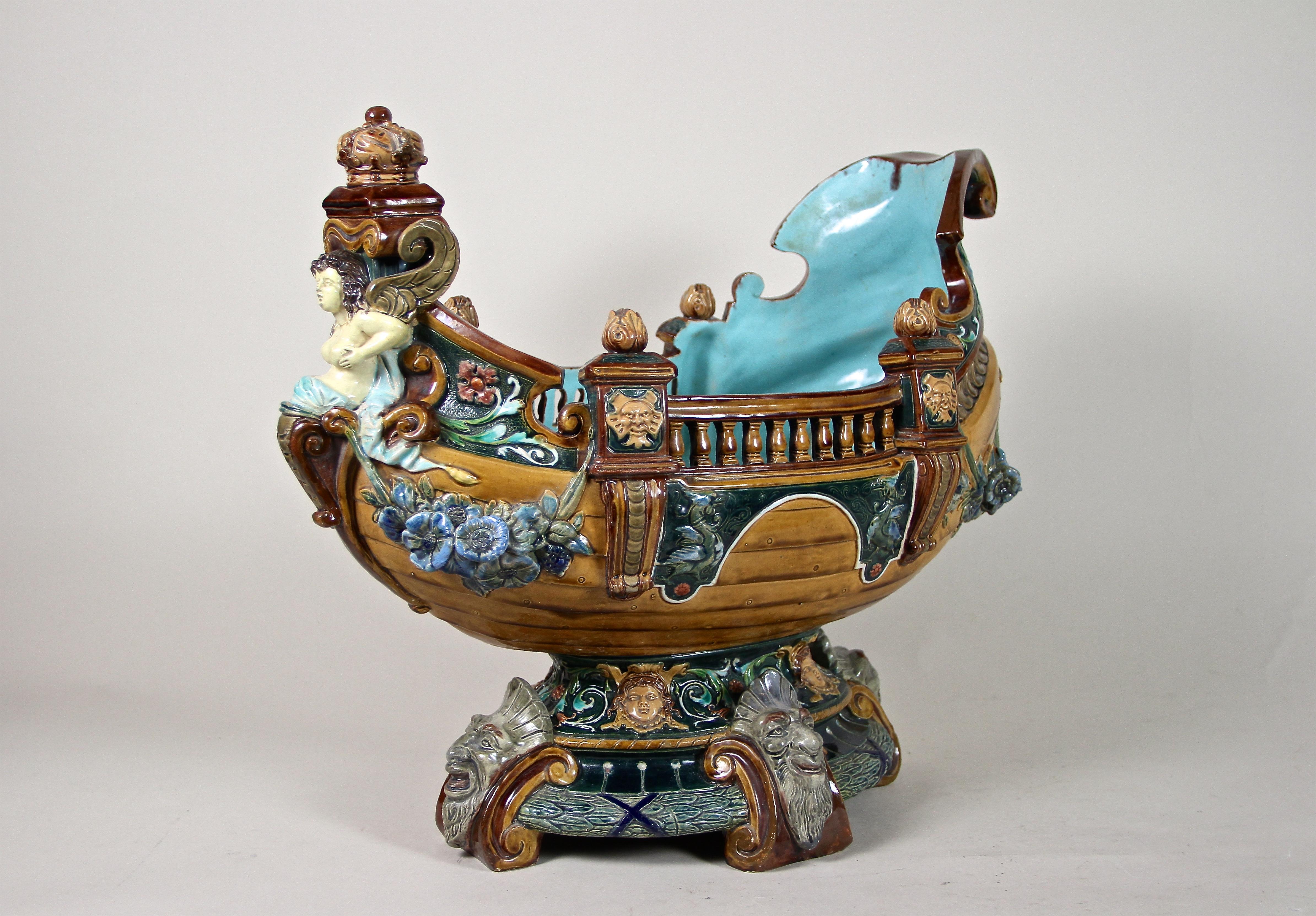 Out of the ordinary, super rare Majolica Jardiniere made by the renown company of Wilhelm Schiller & Son in Bohemia around 1875. An absolute exceptional piece of majolica art, artfully created in the shape of a galleon. This unique worked ship